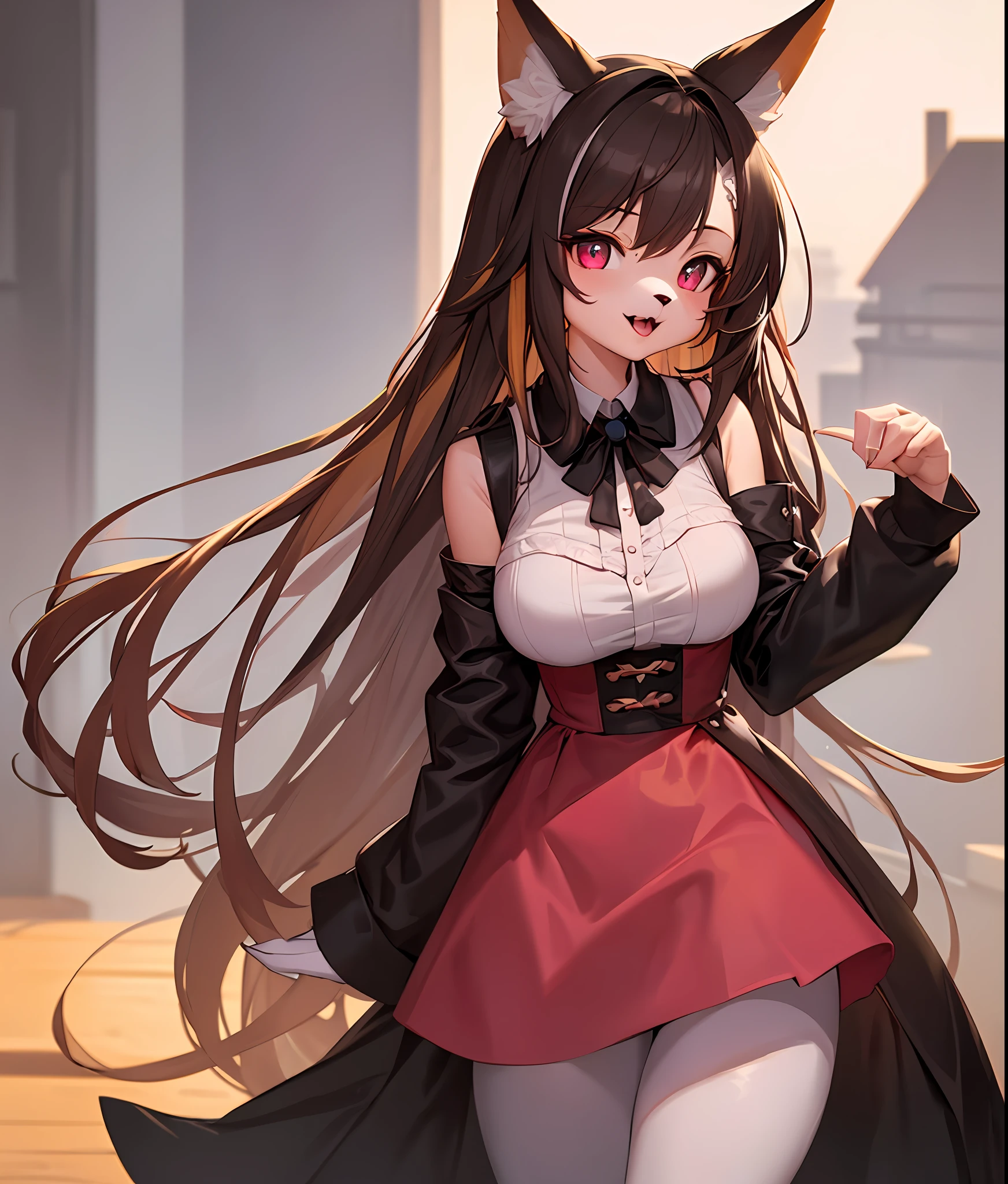 (cute anthro furry:1.3), medium breasts, 1girl, solo, long brown hair, (multicolored eyes:1.2), fox ears, pink dress