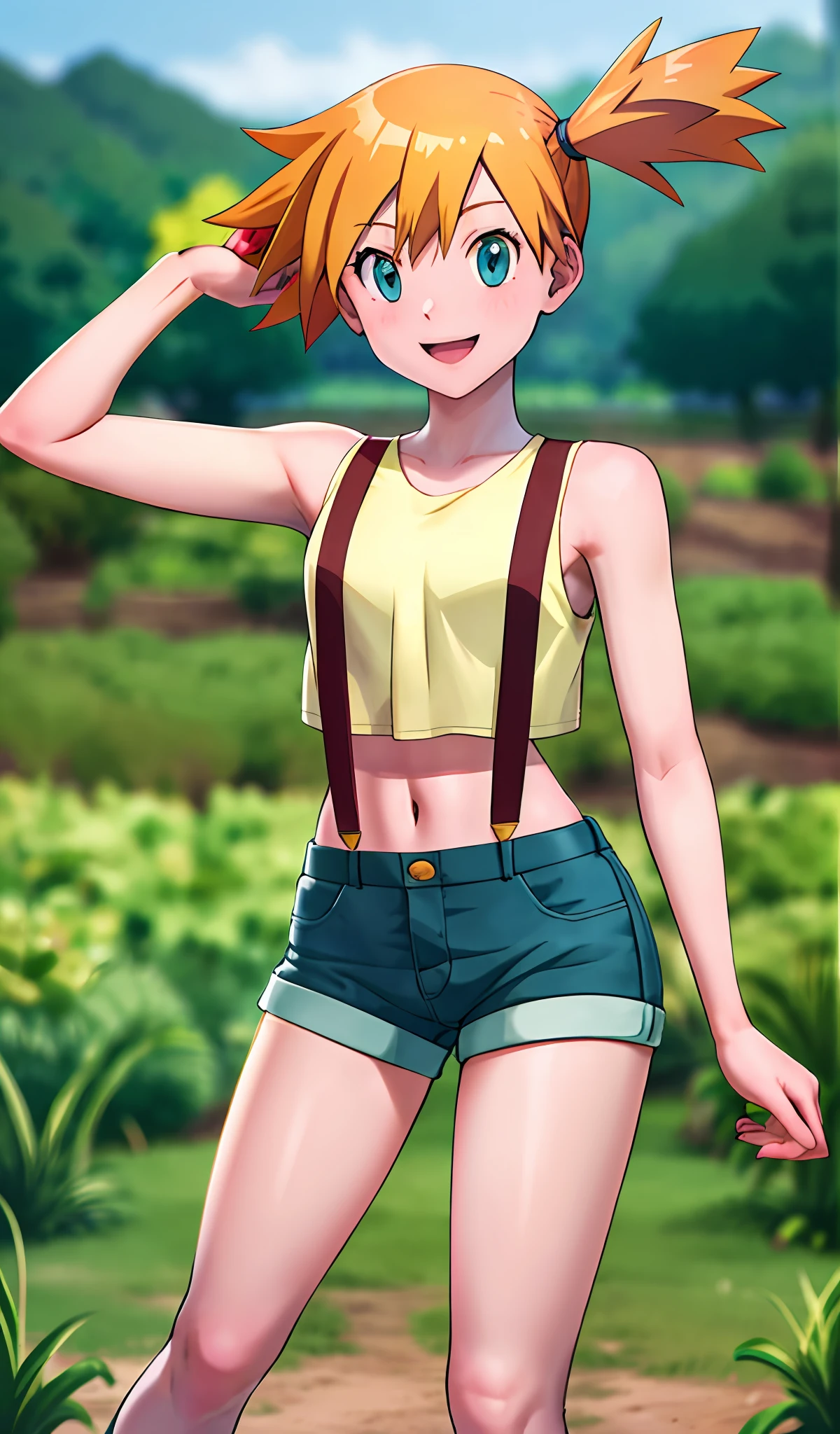 masterpiece, best quality, highres, 1girl, misty (pokemon), showing, orange hair, solo, pantys, suspenders, side ponytail, orange hair, midriff, no top, navel, short hair, denim, denim shorts, smile, cowboy shot, standing, outdoors,