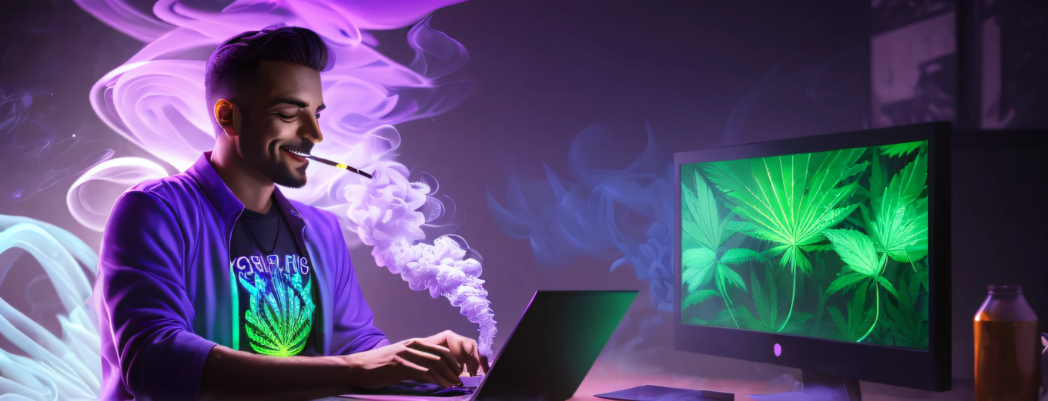 happy man smoking a joint while using a computer, marihuana leaves texture in background, light neon futuristic purple and green colorful smoke, realistic designs, cinematic, detailed, atmospheric, epic, concept art, volumetric lighting, heavenly, amazing, amazing, wonderful, beautiful, highly detailed --auto