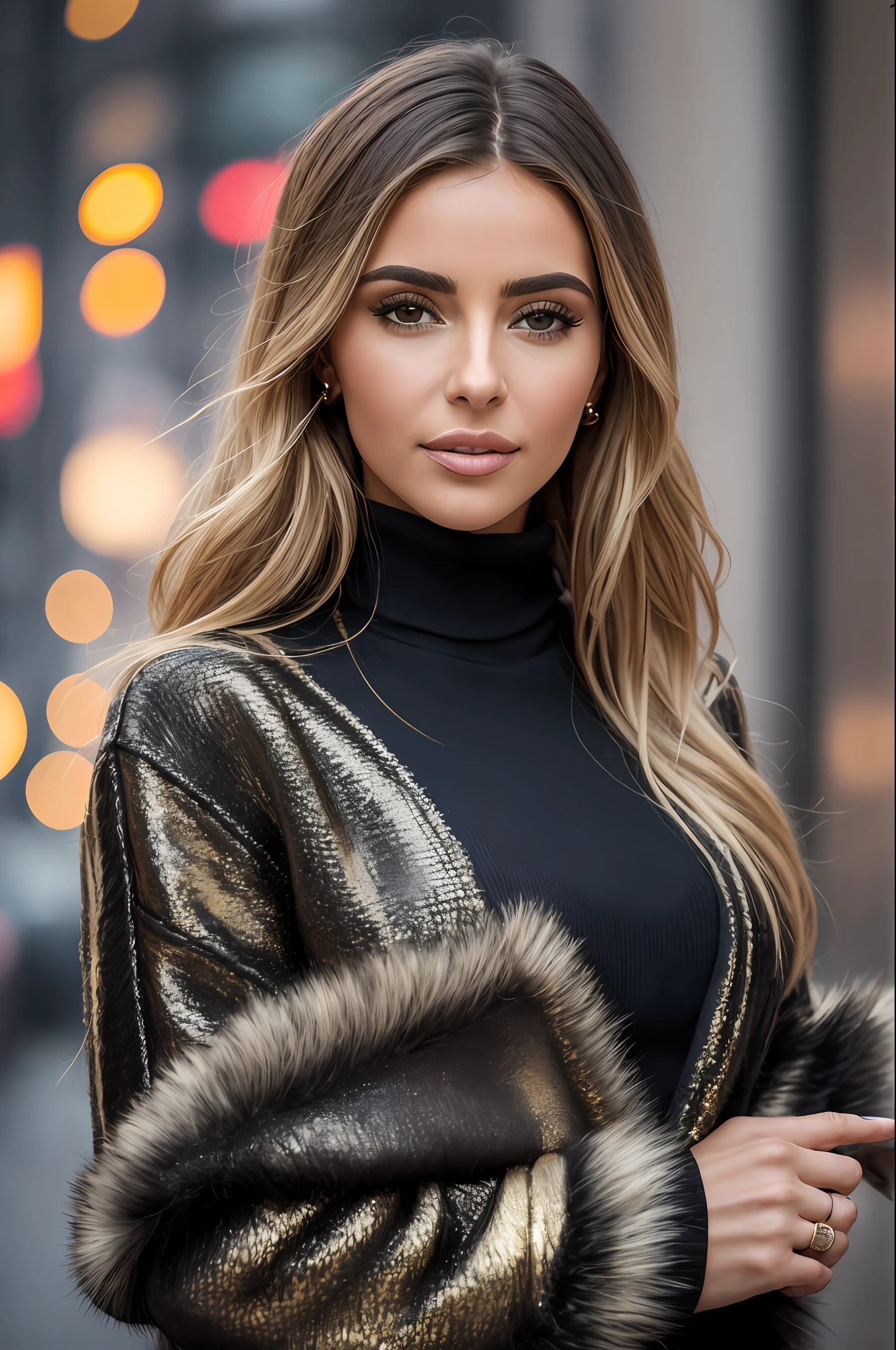 A woman wearing a black turtleneck sweater with a black fur coat, gold ring, brunette with dyed blonde hair, Julia Sarda, Christina Kritkou, black turtleneck, wearing turtleneck and jacket, portrait of Kim Kardashian, inspired by Gina Pellón, tanned Ameera al Taweel, Olivia Culpo, Julia Fuentes, flawless olive skin ((detailed face)),  ((detailed facial features)), (finely detailed skin), pale skin, walking through the city, megacity environment, New York City in the background, (cool colors), damp, damp, reflections, (masterpiece) (perfect aspect ratio)(realistic photo)(best quality) (detailed) photographed on a Canon EOS R5, 50mm lens, F/2.8, HDR, (8k) (wallpaper) (cinematic lighting) (dramatic lighting) (sharp focus) (intricate),  RAW photo, RAW photo, gigachad photo, posing for camera, 8k uhd, dslr, high quality, grain film, Fujifilm XT3, film stock photography 4 kodak portra 400 camera f1.6 lens rich colors hyper realistic texture dramatic lighting unrealengine trend in artstation cinestill 800 tungsten, toughboy style, face ultra focus, intimidating