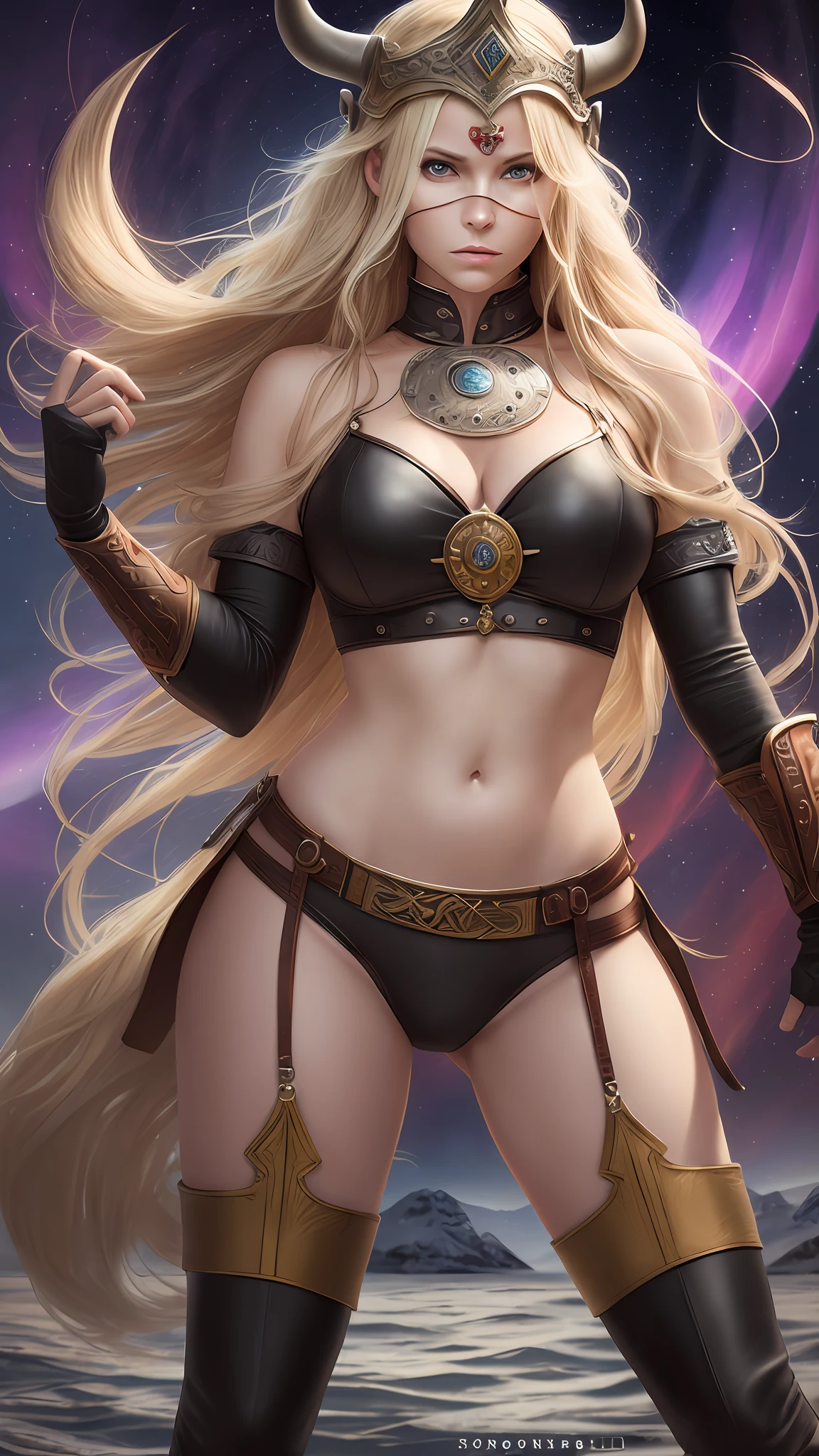 Hermosa guerrera vikinga., Espada y hacha, full body shot, 85mm, medieval times, medieval art, drybrush, leather, 3d, cinematic, hyperrealistic, photorealistism, realistic, unreal engine, northern lights background, dumb blonde, queen, white woman, warrior, cosplay outfit, viking, scandinavian architecture, vikings, ray tracing reflections face)), ((disfigured)), ((bad art)), ((deformed)), ((extra limbs)), ((close up)), blurry, (((duplicate))), ((morbid)), ((mutilated)), (out of frame), extra fingers, mutated hands, ((poorly drawn hands)), ((poorly drawn face)), (((mutation))), (((deformed))), blurry, ((bad anatomy)), (watermark:1.2), (disfigured face and eyes:1.1),(underwear) --auto --s2