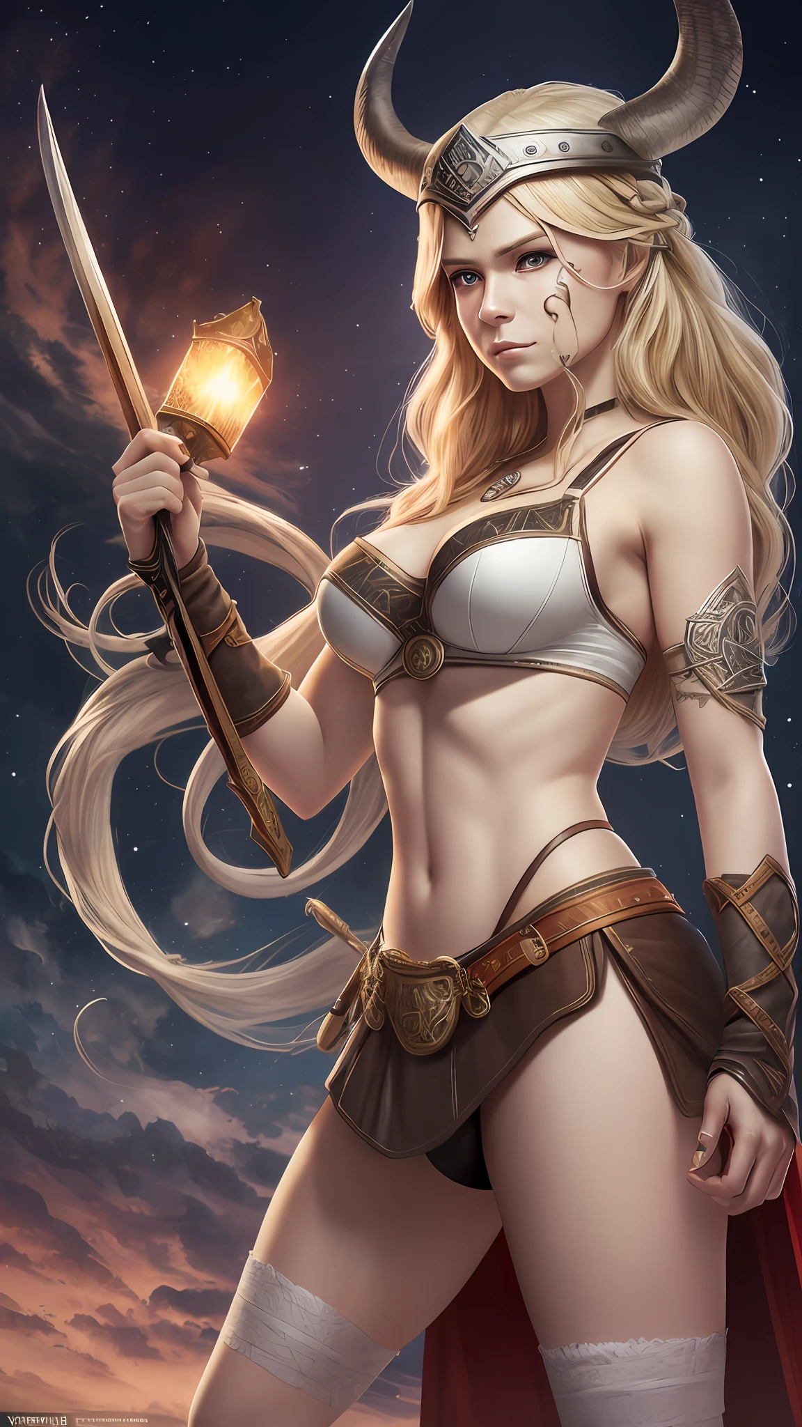 Hermosa guerrera vikinga., Espada y hacha, full body shot, 85mm, medieval times, medieval art, drybrush, leather, 3d, cinematic, hyperrealistic, photorealistism, realistic, unreal engine, northern lights background, dumb blonde, queen, white woman, warrior, cosplay outfit, viking, scandinavian architecture, vikings, ray tracing reflections face)), ((disfigured)), ((bad art)), ((deformed)), ((extra limbs)), ((close up)), blurry, (((duplicate))), ((morbid)), ((mutilated)), (out of frame), extra fingers, mutated hands, ((poorly drawn hands)), ((poorly drawn face)), (((mutation))), (((deformed))), blurry, ((bad anatomy)), (watermark:1.2), (disfigured face and eyes:1.1),(underwear) --auto --s2