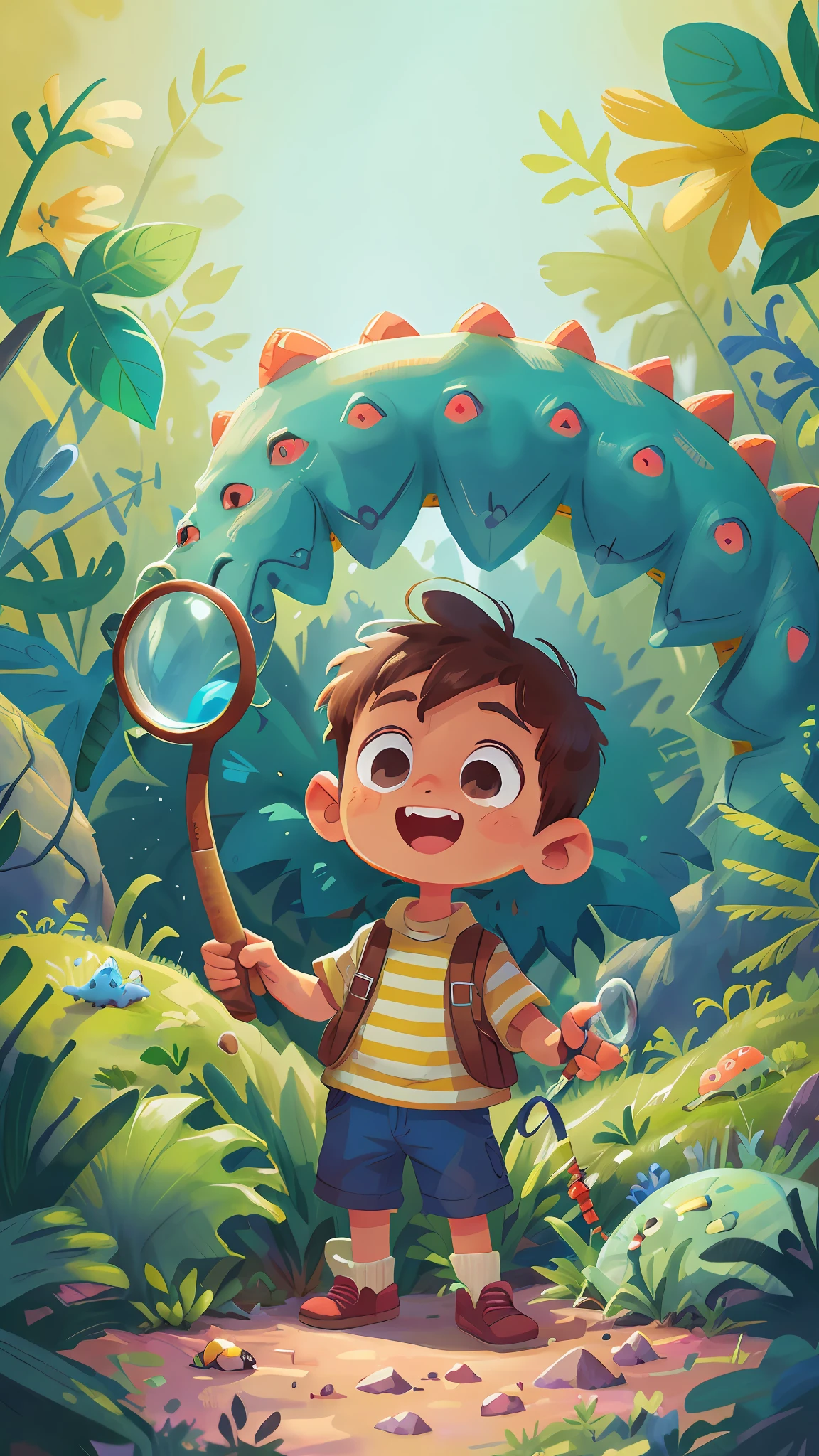 A little boy on dinosaur adventure, desert, holding a magnifying glass, happy, happy, perfect quality, clear focus, (Masterpiece: 2.1) (Realistic: 1.2) (Bokeh) (Best quality) (Detailed skin: 1.3) (Intricate details) (8K) (Detail eyes) (Sharp focus) 2.1