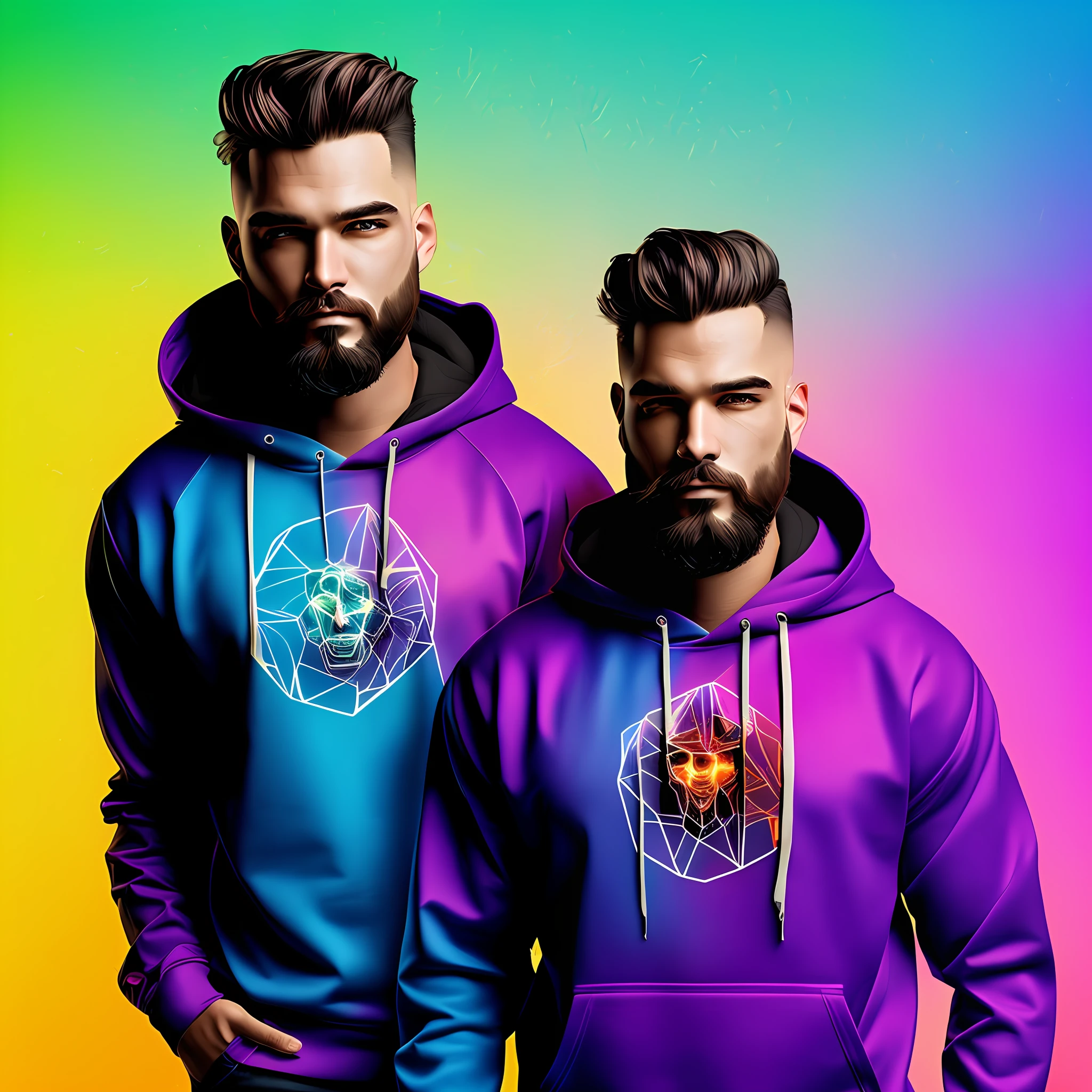 A man with a beard and hoodie cyberpunk art, funk art, stunning gradient colors, stylized portrait h 704, pompadour, twitch streamer, cool colors. insanely detailed, T-800, no watermark signature, in rich colors, outdated