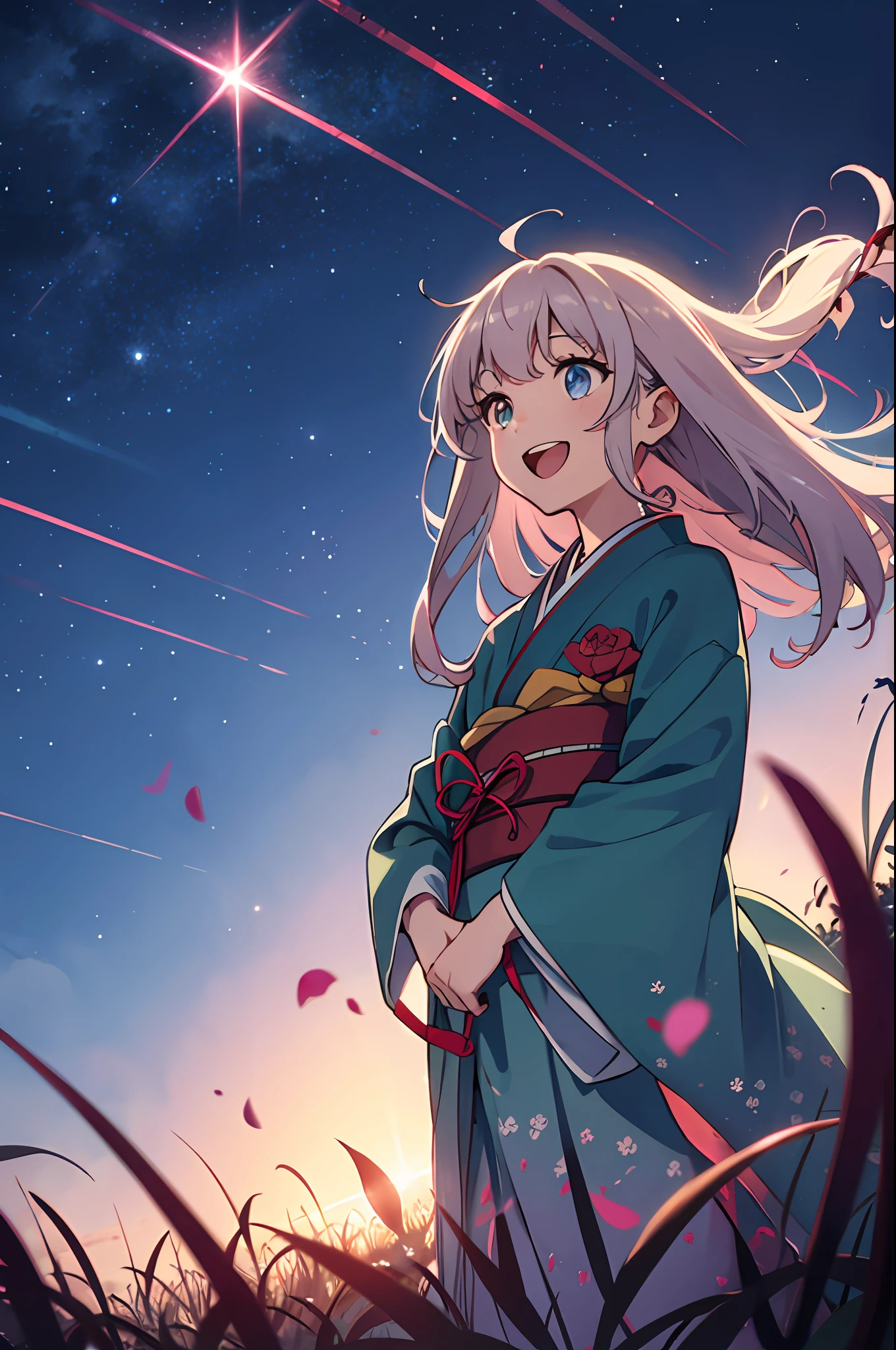 In the glowing meadow, one girl, Solo,,{Heterochromia,Pale blue eyes,Pale green eyes:1.5}, Silhouette of star eyes, Standing figure, happy, :d, Break ((pale pink hair, twin blades, semi-long hair, ribbon: 1.5)), thinning hair, break, big, red flower kimono, open mouth, looking up at the sky, Milky Way, bystander surrounded by enchanting sights. Break The vast open field comes to life with a soft glow, illuminating the surrounding landscape. (Dynamic Angle: 1.2), Break