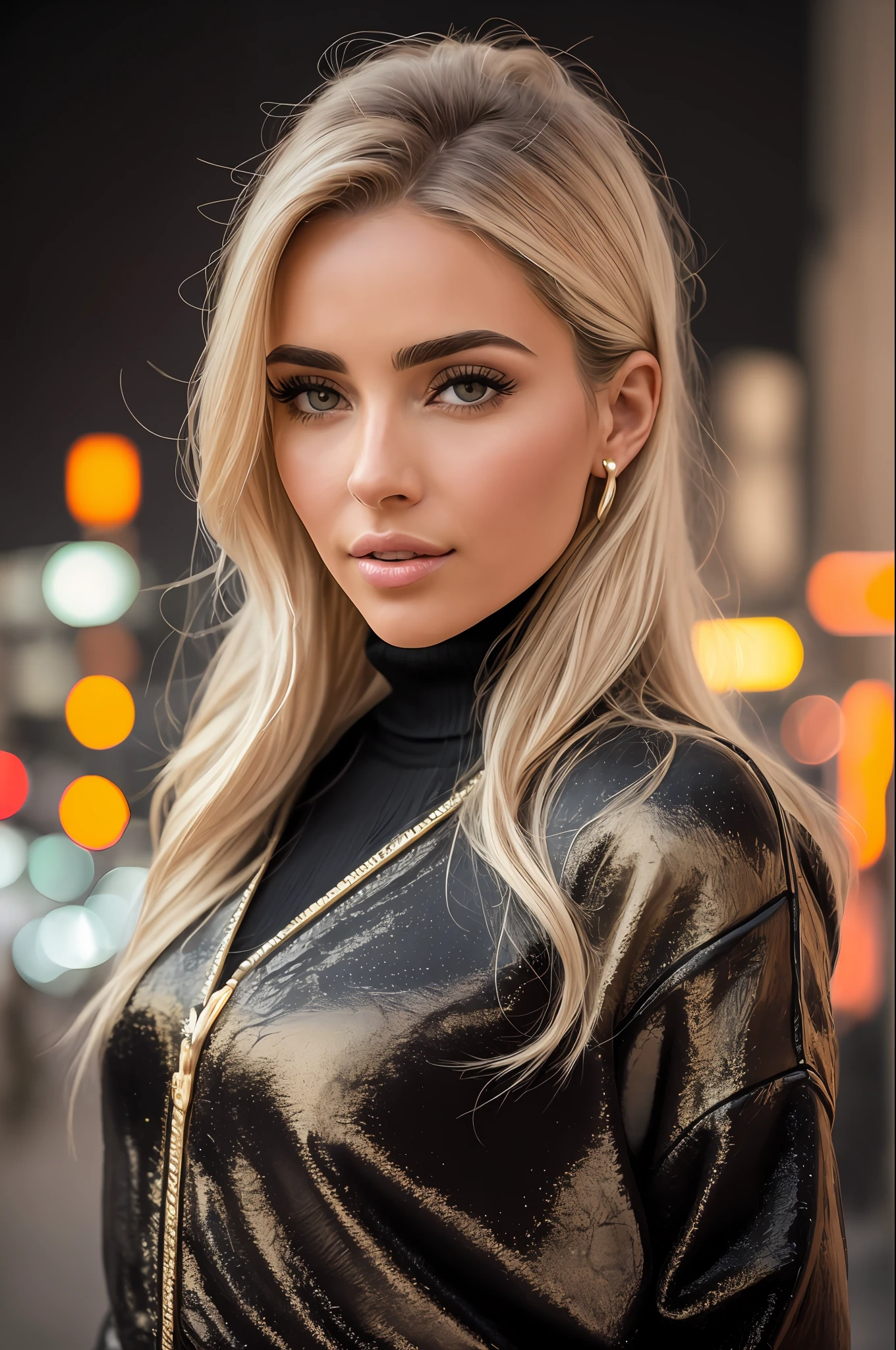 A woman wearing a black turtleneck sweater with a black fur coat, gold ring, brunette with dyed blonde hair, Julia Sarda, Christina Kritkou, black turtleneck, wearing turtleneck and jacket, portrait of Kim Kardashian, inspired by Gina Pellón, tanned Ameera al Taweel, Olivia Culpo, Julia Fuentes, flawless olive skin ((detailed face)),  ((detailed facial features)), (finely detailed skin), pale skin, walking through the city, megacity environment, New York City in the background, (cool colors), damp, damp, reflections, (masterpiece) (perfect aspect ratio)(realistic photo)(best quality) (detailed) photographed on a Canon EOS R5, 50mm lens, F/2.8, HDR, (8k) (wallpaper) (cinematic lighting) (dramatic lighting) (sharp focus) (intricate),  RAW photo, RAW photo, gigachad photo, posing for camera, 8k uhd, dslr, high quality, grain film, Fujifilm XT3, film stock photography 4 kodak portra 400 camera f1.6 lens rich colors hyper realistic texture dramatic lighting unrealengine trend in artstation cinestill 800 tungsten, toughboy style, face ultra focus, intimidating