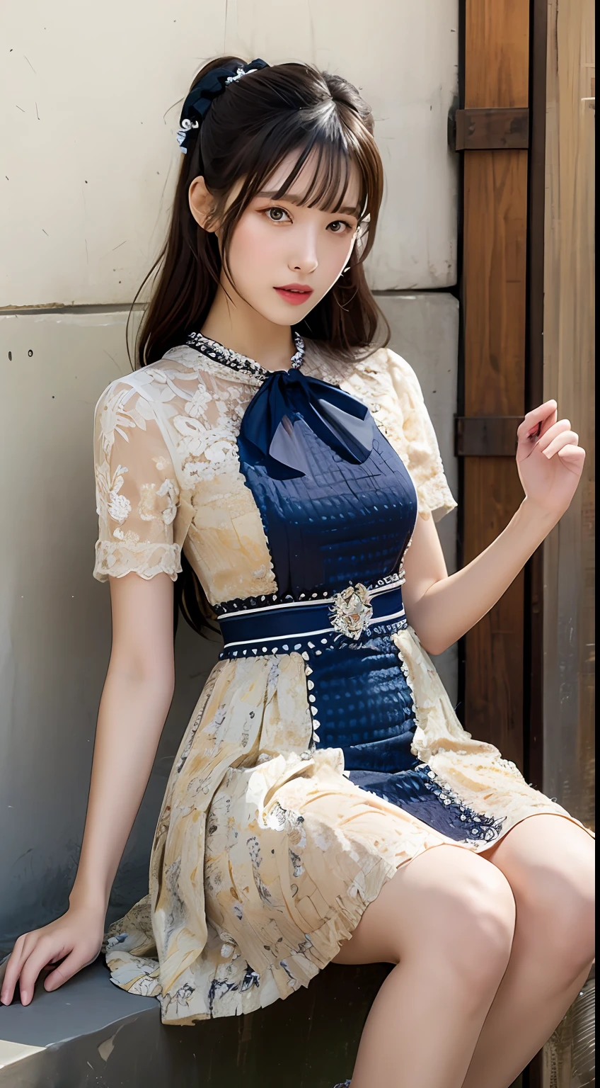 A dress with a traditional moire pattern, cut and details such as pleats, embroidery, beads, etc., made of silk, crepe, knee-length or length, and decorated with bows or flowers at the waist or neckline