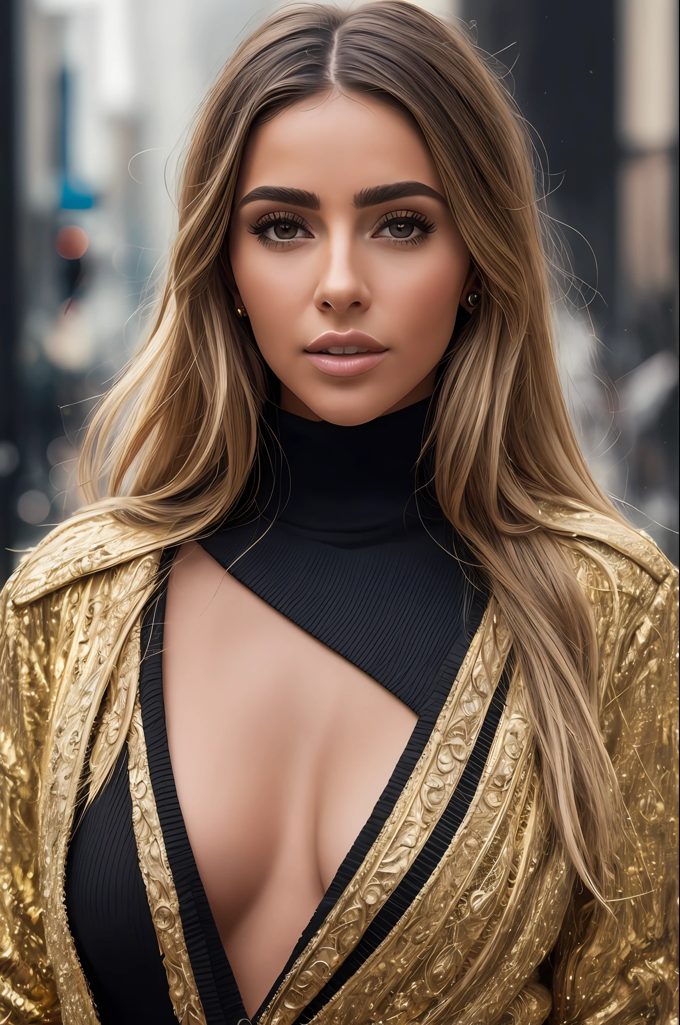 A woman wearing a black turtleneck sweater with a black fur coat, gold ring, brunette with dyed blonde hair, Julia Sarda, Christina Kritkou, black turtleneck, wearing turtleneck and jacket, portrait of Kim Kardashian, inspired by Gina Pellón, tanned Ameera al Taweel, Olivia Culpo, Julia Fuentes, flawless olive skin ((detailed face)), ((detailed facial features)), (finely detailed skin), pale skin, walking through the city, megacity environment, New York City in the background, (cool colors), damp, damp, reflections, (masterpiece) (perfect aspect ratio)(realistic photo)(best quality) (detailed) photographed on a Canon EOS R5, 50mm lens, F/2.8, HDR, (8k) (wallpaper) (cinematic lighting) (dramatic lighting) (sharp focus) (intricate), RAW photo, RAW photo, gigachad photo, posing for camera, 8k uhd, dslr, high quality, grain film, Fujifilm XT3, film stock photography 4 kodak portra 400 camera f1.6 lens rich colors hyper realistic texture dramatic lighting unrealengine trend in artstation cinestill 800 tungsten, toughboy style, face ultra focus, intimidating