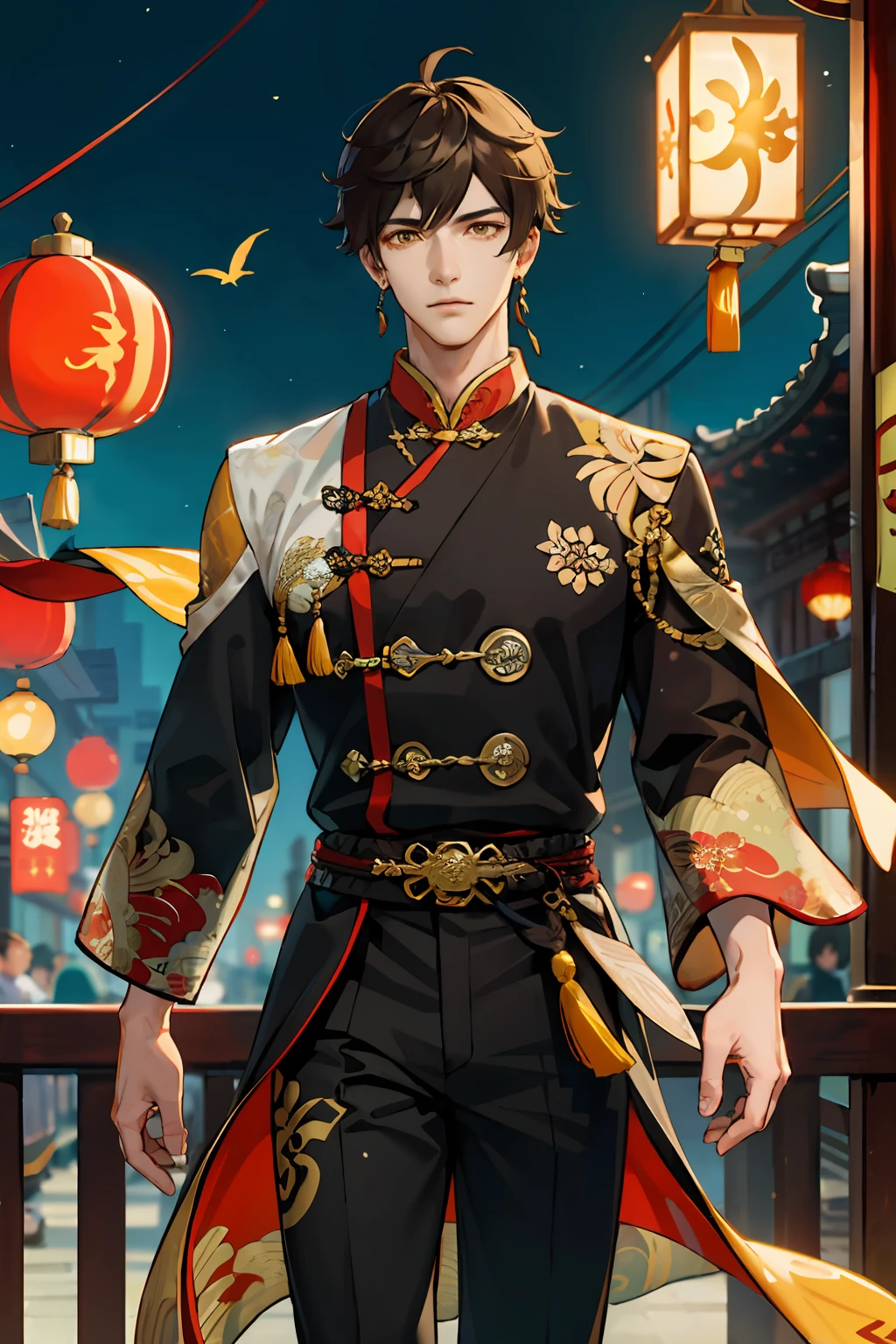 masterpiece, best quality, 1 male, adult, tall, handsome, finely detailed eyes, intricate details, solo, 1male, adult, handsome, broad shoulders, well kept dark long brown hair with one golden highlights, glowing yellow brown eyes, tall, modern chinese outfit with gold trimming and dragon designs, chinese architecture, half body, tassels on clothes, genshin impact zhongli, looking away from viewer, depth of field, walking in city