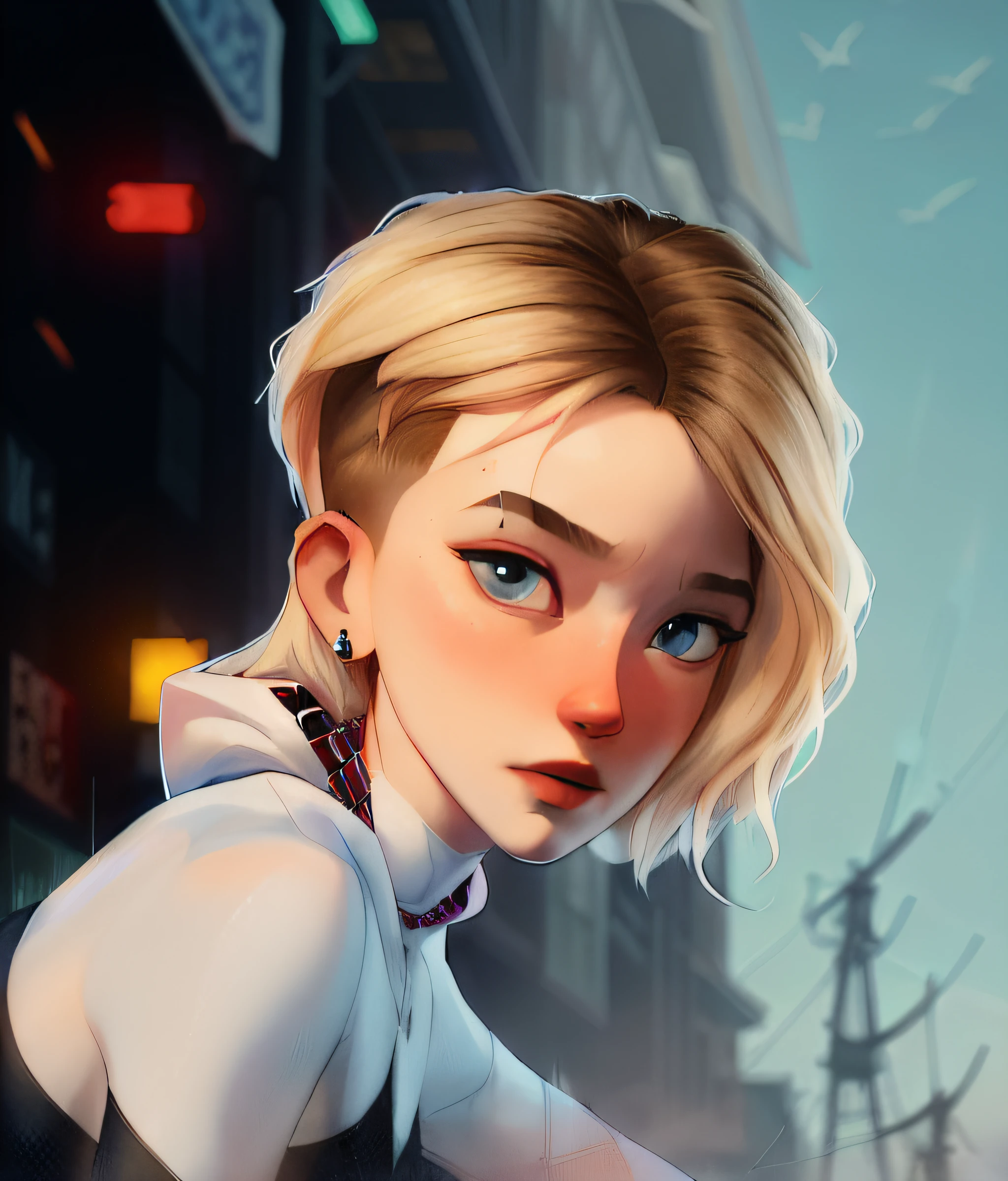 ((masterpiece)), (cinematic lighting), a close-up, beautiful stylized illustration of gwen_stacy, with a sidecut, asymetrical blonde hair, with incredibly detailed blue eyes and a beautiful detailed face, with parted lips, the side of her head shaved, bare shoulders, casual in the city, looking away, by jeremy mann, by sandra chevrier, by dave mckean and richard avedon and maciej kuciara, high detailed, 8k, samdoesart style