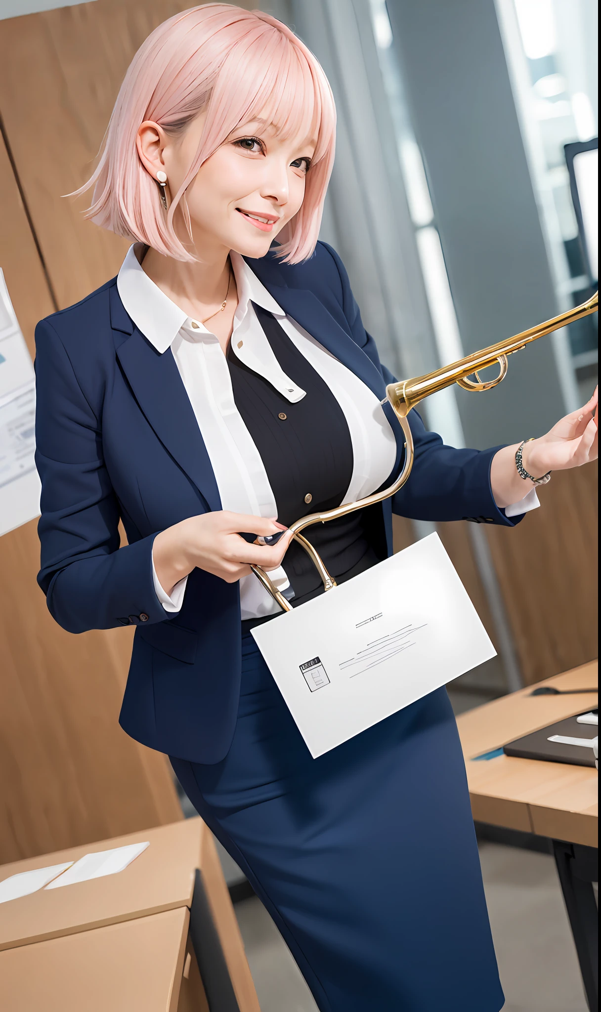 ((masterpiece, best)),(1girl),((mature woman)), light pink hair, dizzy, trumpet, ((office lady)), bangs, mid-chest, (full), slim, smiling, [wide hips] ,office,standing, aru \(blue archive\),