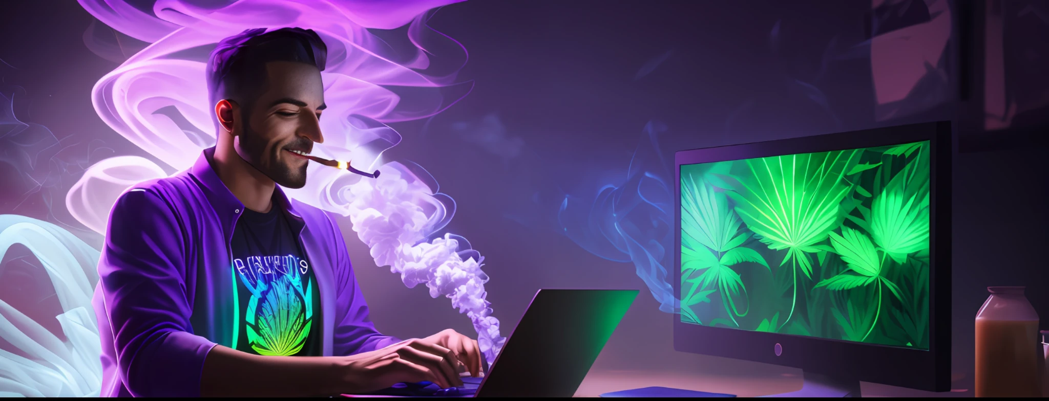 happy man smoking marihuana while using a computer, marihuana leaves texture in background, light neon futuristic purple and green colorful smoke, realistic designs, cinematic, detailed, atmospheric, epic, concept art, volumetric lighting, heavenly, amazing, amazing, wonderful, beautiful, highly detailed --auto