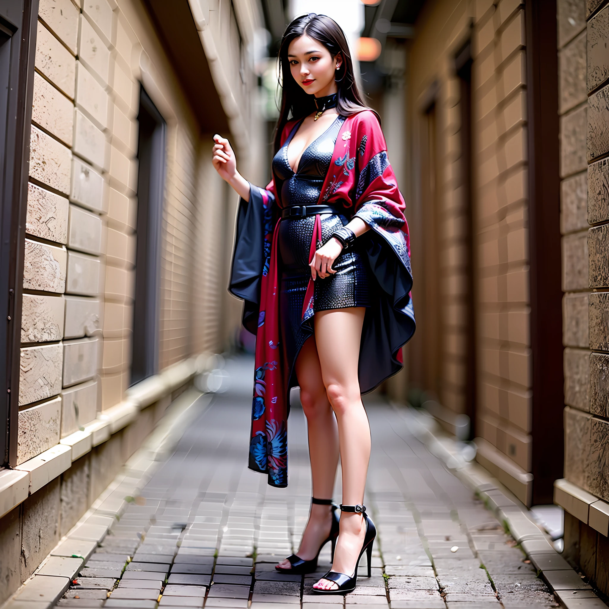 (masterpiece), (highest quality), (realistic), perfect face, perfect proportions, pretty girl, 19 years old, innocence, long hair, standing, front full body, smile, red lips, red high heels, face length and neatness,
