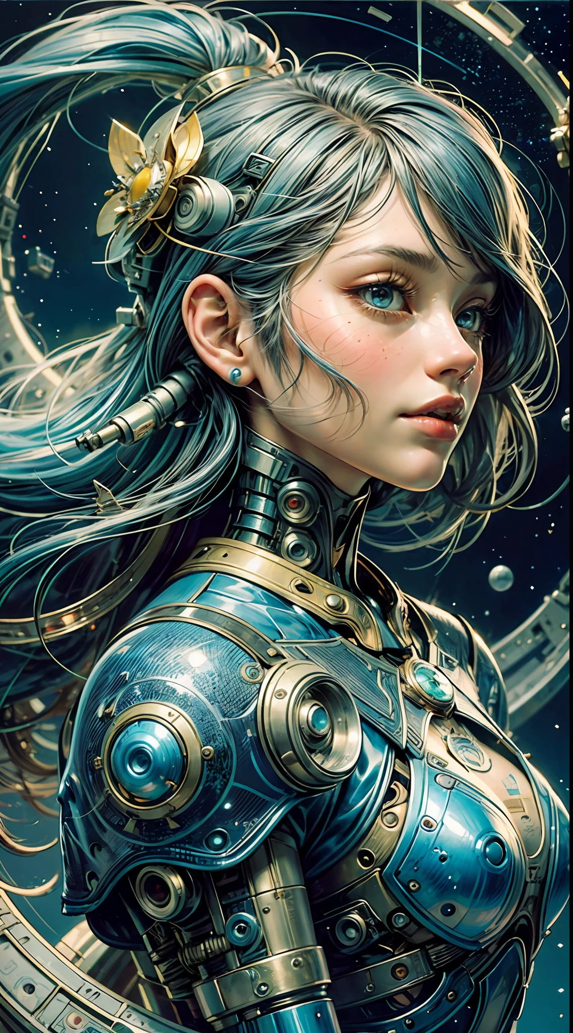 painting of a cyborg woman with blue hair and a flower in her hair with cyber arms on her back, with planets orbiting inside her body, stars shining around, artgerm and james jean, anna dittmann alberto vargas, in the style of anna dittmann, beautiful retro art, a beautiful art illustration, inspired by James Jean,  James Jean and Wlop, James Jean Soft Light 4K, James Jean Soft Light 4K, Beautiful Digital Art