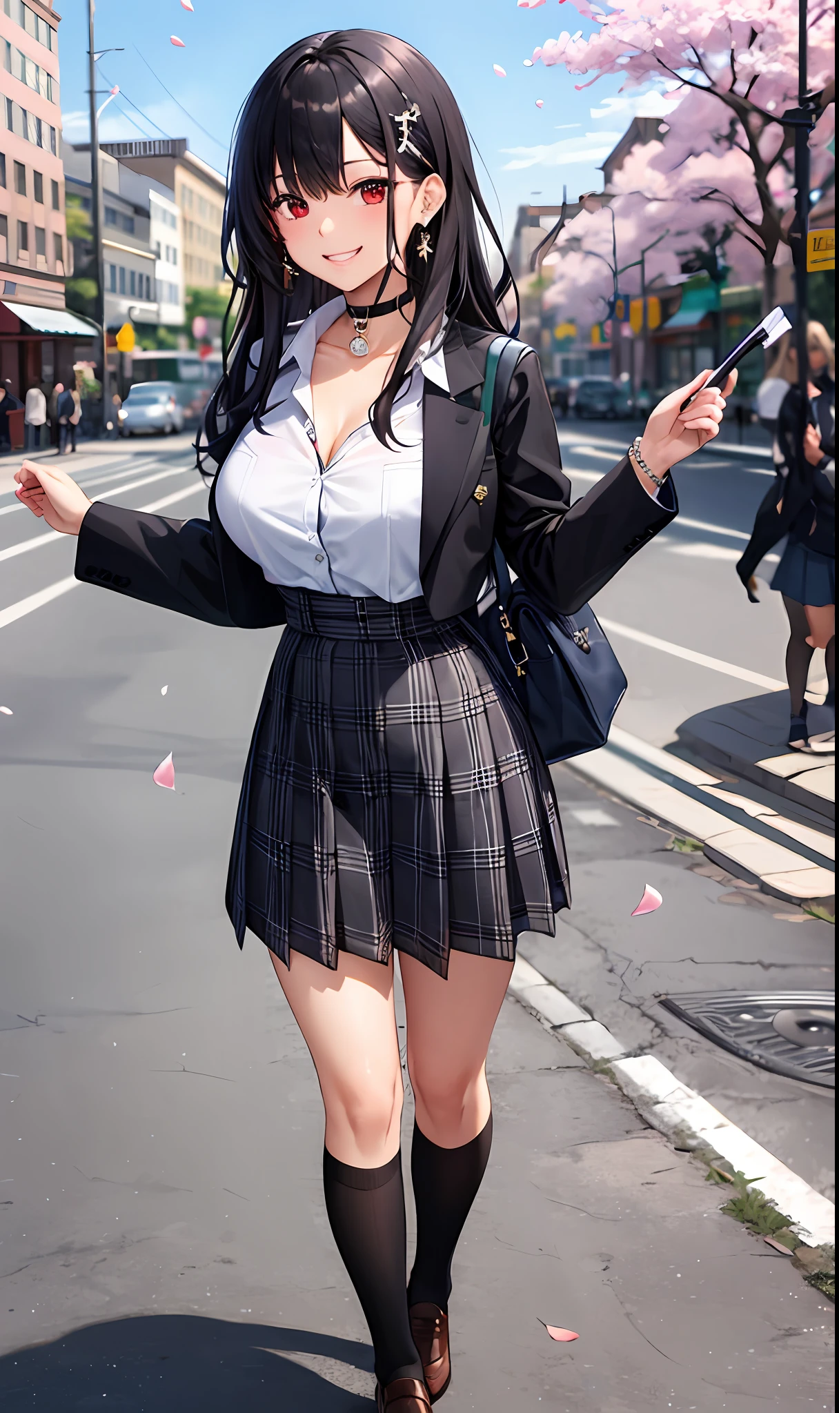 Masterpiece, Superb Piece, Full Body, 1Girl, Bangs, Black Choker, Black Tie, Black Hair, Blue Dress, Blush, Bracelet, Beautiful Breasts, Choker, Corsets, Collarbones, Collared Shirts, Denim Photos, Dress Shirts, Pierced Ears, Eyebrows Visible Through Hair, Gradient Hair, Grin, Gyaru, Jewelry, Kogal, Long Hair, Look at the Audience, Loose Tie, Tie, Piercing, Plaid Skirt, Plaid Skirt, Pleated Skirt, Red Eyes, Ring, School Uniform, Shirt, Skirt, Smile, Solo, white shirt, street, sky, cherry blossoms, flower petals, illustration, (magazine: 1.3), (cover style: 1.3), fashion, woman, vitality, dressing, posing, front, colorful, dynamic, background, element, confident, expressive, holding, statement, attachment, majestic, coiled, around, touch, scene, text, cover, bold, eye-catching, title, fashion, font, catchy, title, bigger, eye-catching, headline, bigger, eye-catching, modern, fashionable, focused, fashionable, big breasts