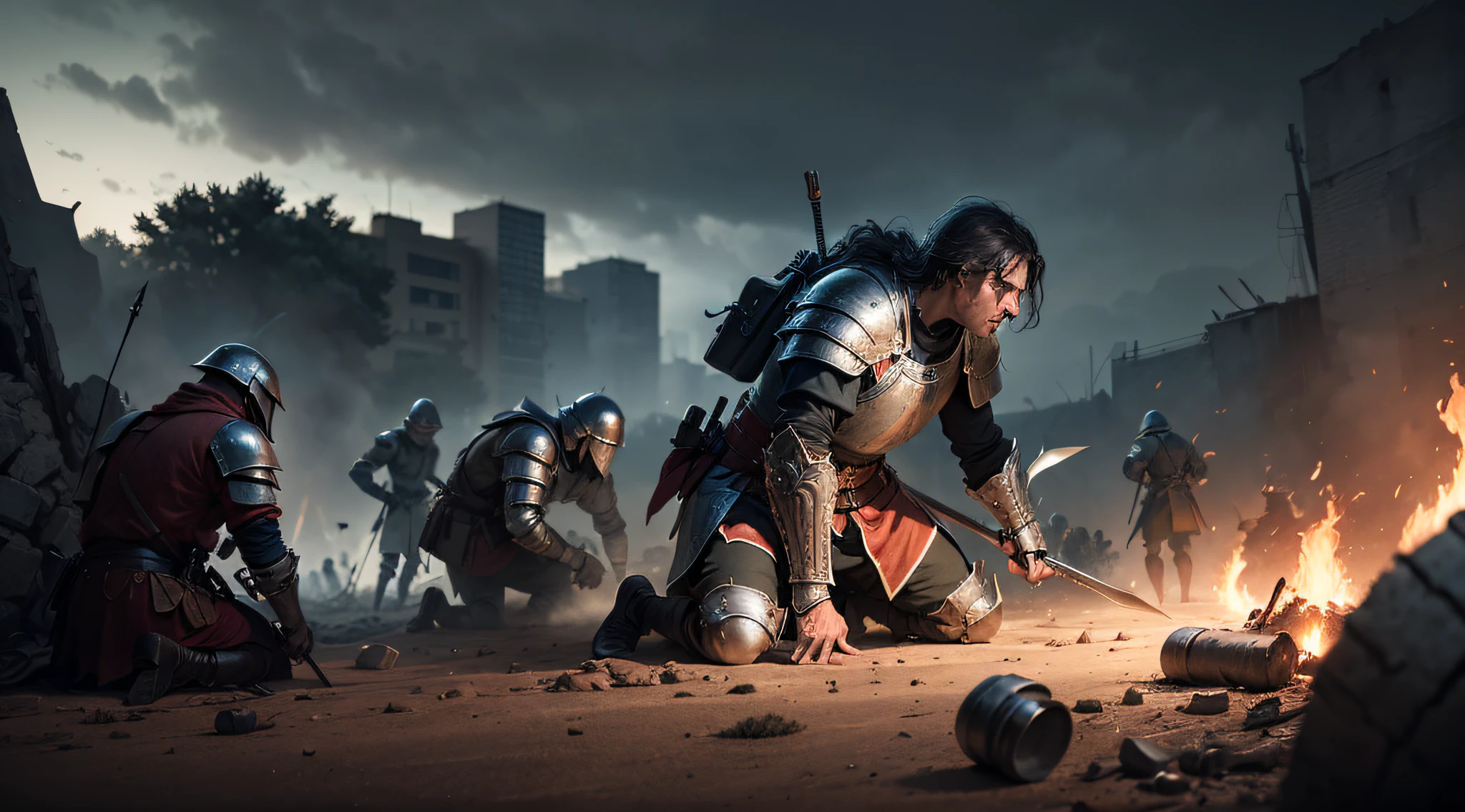 A post-battle field with medieval warrior men killed on the ground, dark background, 8k, ultra realistic, cinematic, hyper detailed --auto