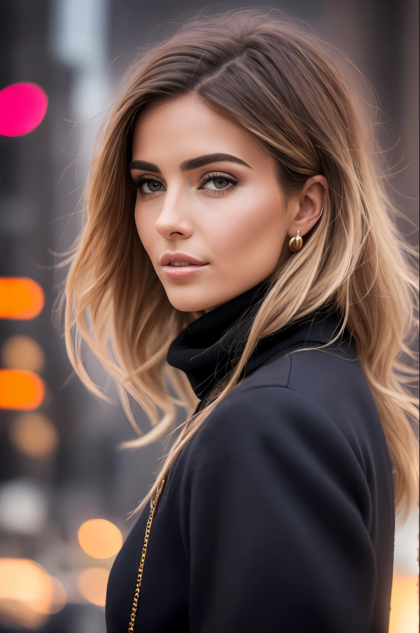 A woman wearing a black turtleneck sweater with a black fur coat, gold ring, brunette with dyed blonde hair, Julia Sarda, Christina Kritkou, black turtleneck, wearing turtleneck and jacket, portrait of Kim Kardashian, inspired by Gina Pellón, tanned Ameera al Taweel, Olivia Culpo, Julia Fuentes, flawless olive skin ((detailed face)),  ((detailed facial features)), (finely detailed skin), pale skin, walking through the city, megacity environment, New York City in the background, (cool colors), damp, damp, reflections, (masterpiece) (perfect aspect ratio)(realistic photo)(best quality) (detailed) photographed on a Canon EOS R5, 50mm lens, F/2.8, HDR, (8k) (wallpaper) (cinematic lighting) (dramatic lighting) (sharp focus) (intricate),  RAW photo, RAW photo, gigachad photo, posing for camera, 8k uhd, dslr, high quality, grain film, Fujifilm XT3, film stock photography 4 kodak portra 400 camera f1.6 lens rich colors hyper realistic texture dramatic lighting unrealengine trend in artstation cinestill 800 tungsten, toughboy style, face ultra focus, intimidating