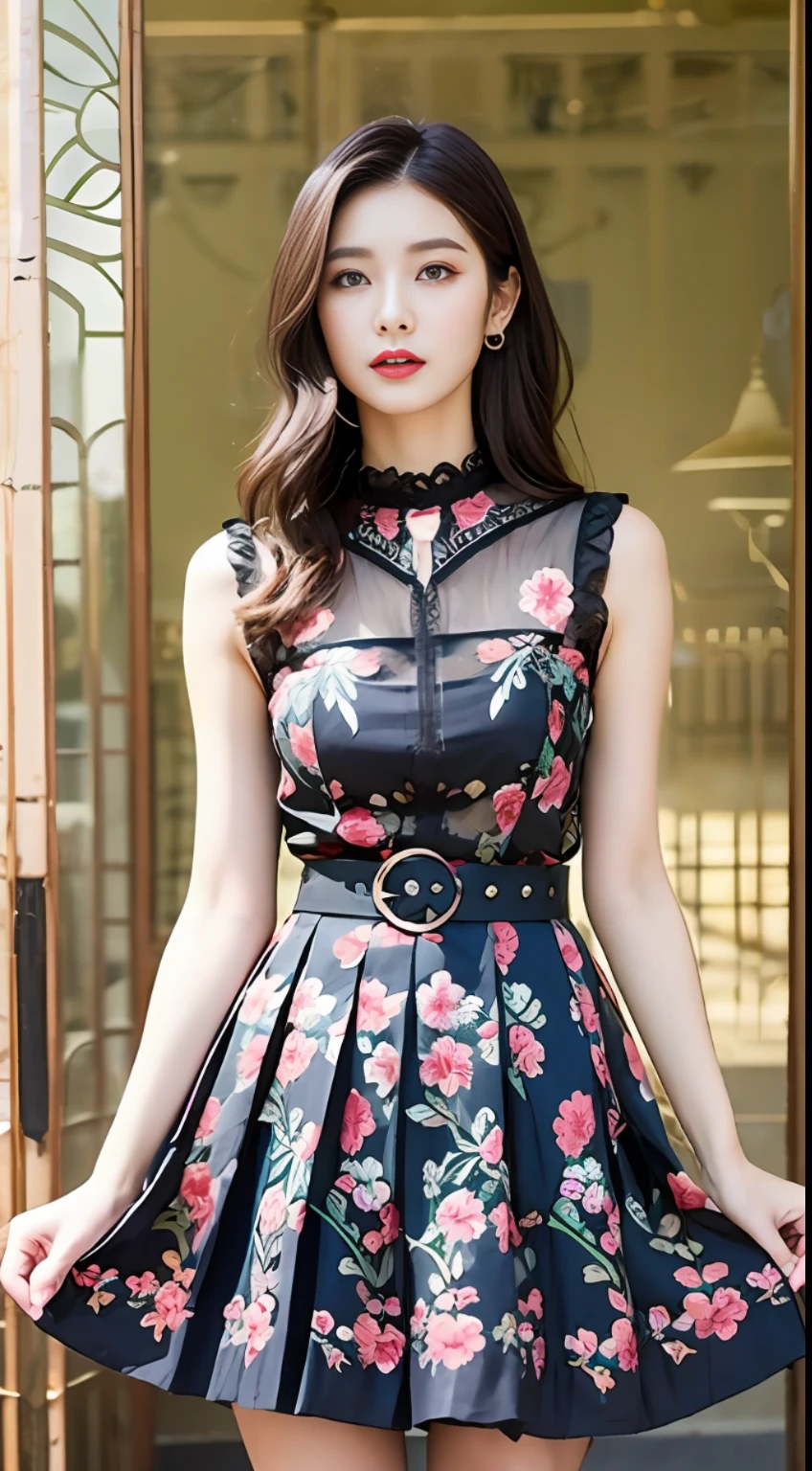 A-line dress Length Knee-length Show beautiful legline Color and pattern Dress light color floral pattern Cotton Embroidery Appropriate pattern, position at neckline, cuffs, skirt Pleats: appropriate position and manner, such as pleated skirt, pleated cuffs Belt: appropriate style, position at the waist, skirt