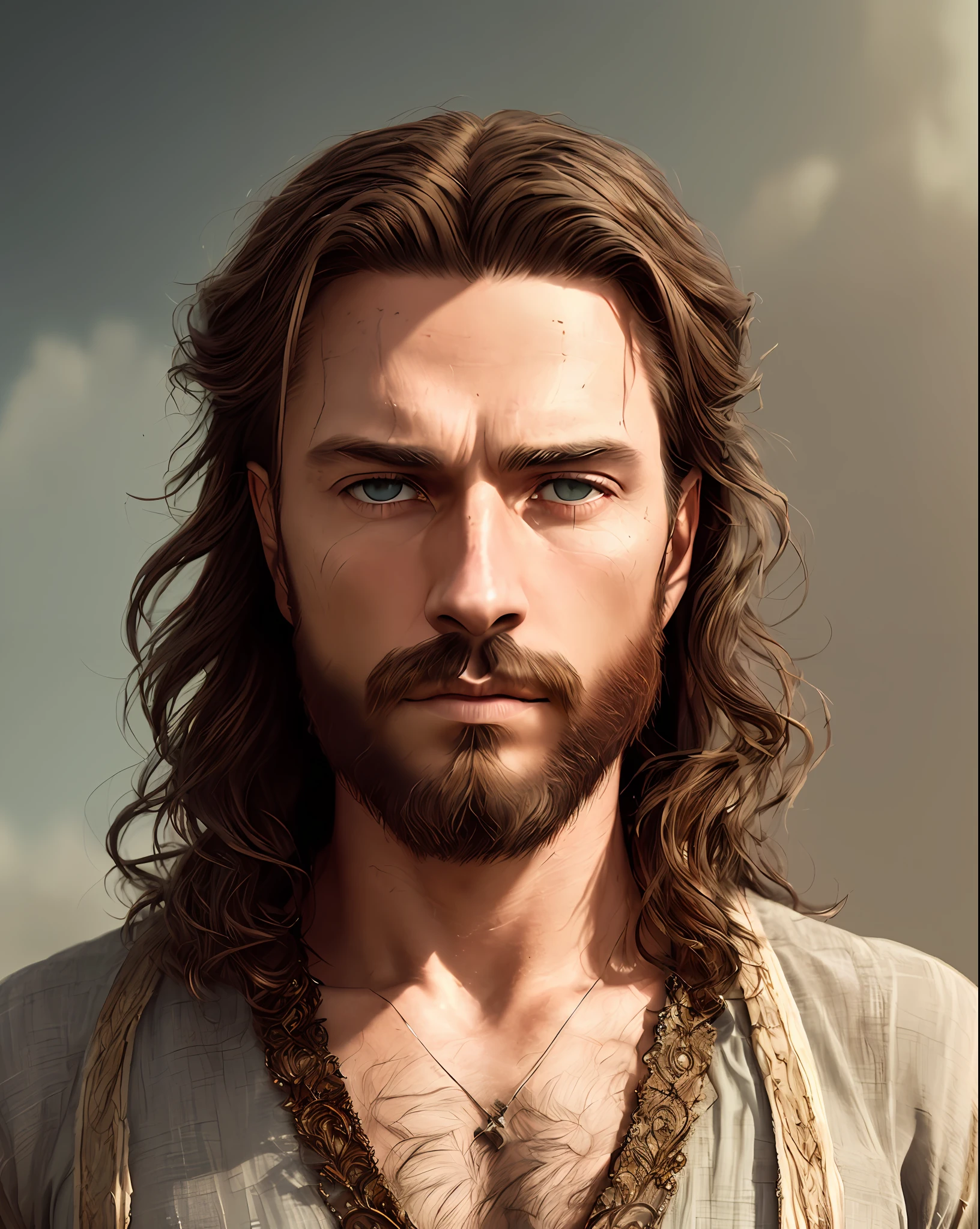 (symmetry), centered, a (((next)) portrait from above, (Jesus), a very thin white man, with long hair and long and well-made beard, wearing a long white tunic, 35mm, natural skin, clothing details, 8k texture, 8k texture, insane details, complex details, hyper-detailed highly detailed, realistic, soft cinematic light, HDR, sharp focus, ((((cinematic visual)))), intricate, elegant, highly detailed