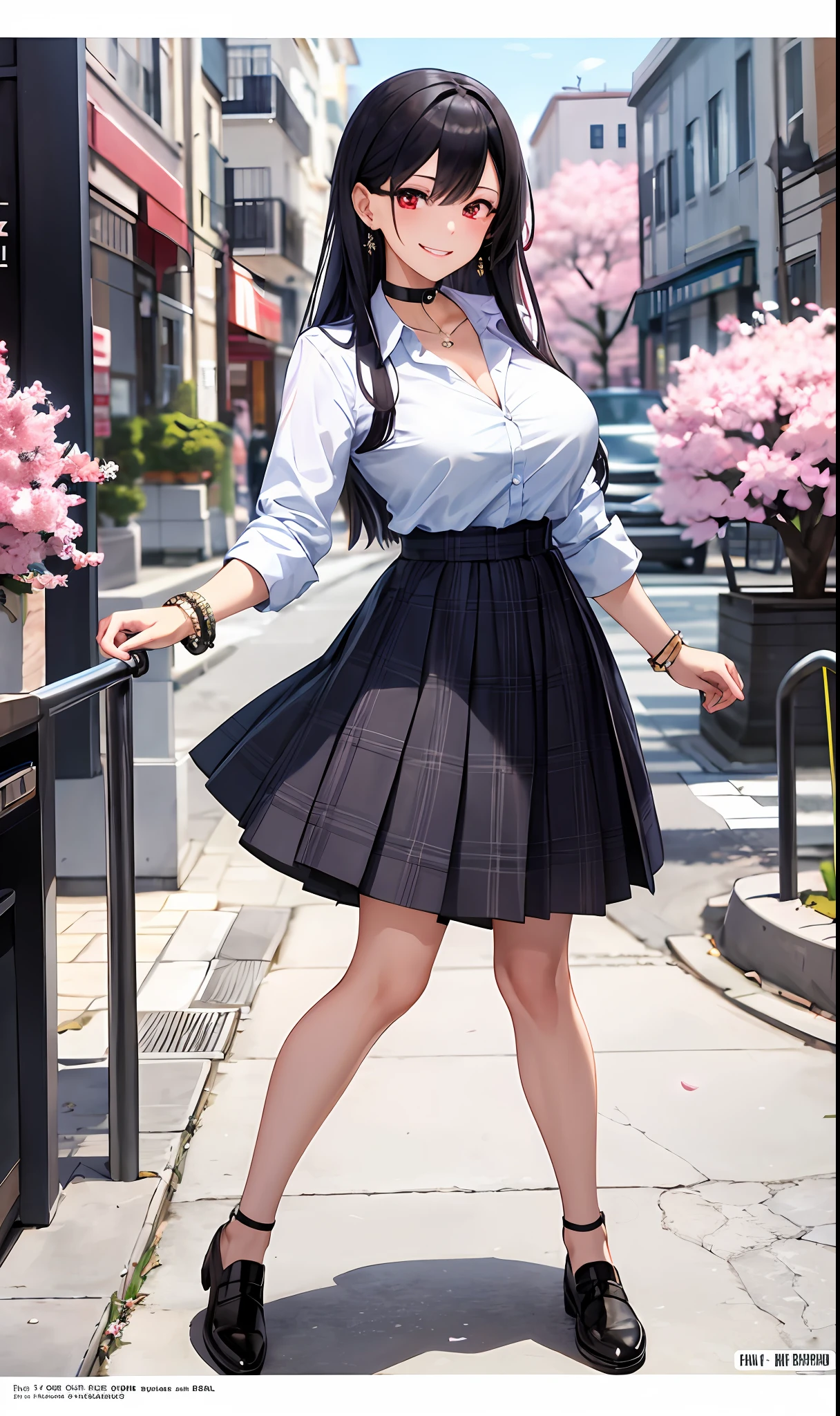 Masterpiece, Superb Piece, Full Body, 1Girl, Bangs, Black Choker, Black Tie, Black Hair, Blue Dress, Blush, Bracelet, Beautiful Breasts, Choker, Corsets, Collarbones, Collared Shirts, Denim Photos, Dress Shirts, Pierced Ears, Eyebrows Visible Through Hair, Gradient Hair, Grin, Gyaru, Jewelry, Kogal, Long Hair, Look at the Audience, Loose Tie, Tie, Piercing, Plaid Skirt, Plaid Skirt, Pleated Skirt, Red Eyes, Ring, School Uniform, Shirt, Skirt, Smile, Solo, white shirt, street, sky, cherry blossoms, flower petals, illustration, (magazine: 1.3), (cover style: 1.3), fashion, woman, vitality, dressing, posing, front, colorful, dynamic, background, element, confident, expressive, holding, statement, attachment, majestic, coiled, around, touch, scene, text, cover, bold, eye-catching, title, fashion, font, catchy, title, bigger, eye-catching, headline, bigger, eye-catching, modern, fashionable, focused, fashionable, big breasts