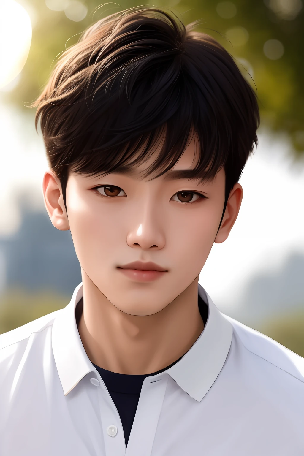 A handsome boy in a white jersey is in motion, the sun shining on his face. He turns his face sideways and inadvertently meets your eyes. He has long eyebrow-length hair and looks very handsome. Let's do a close-up of his face to show his realism. The face looks white from the sun.