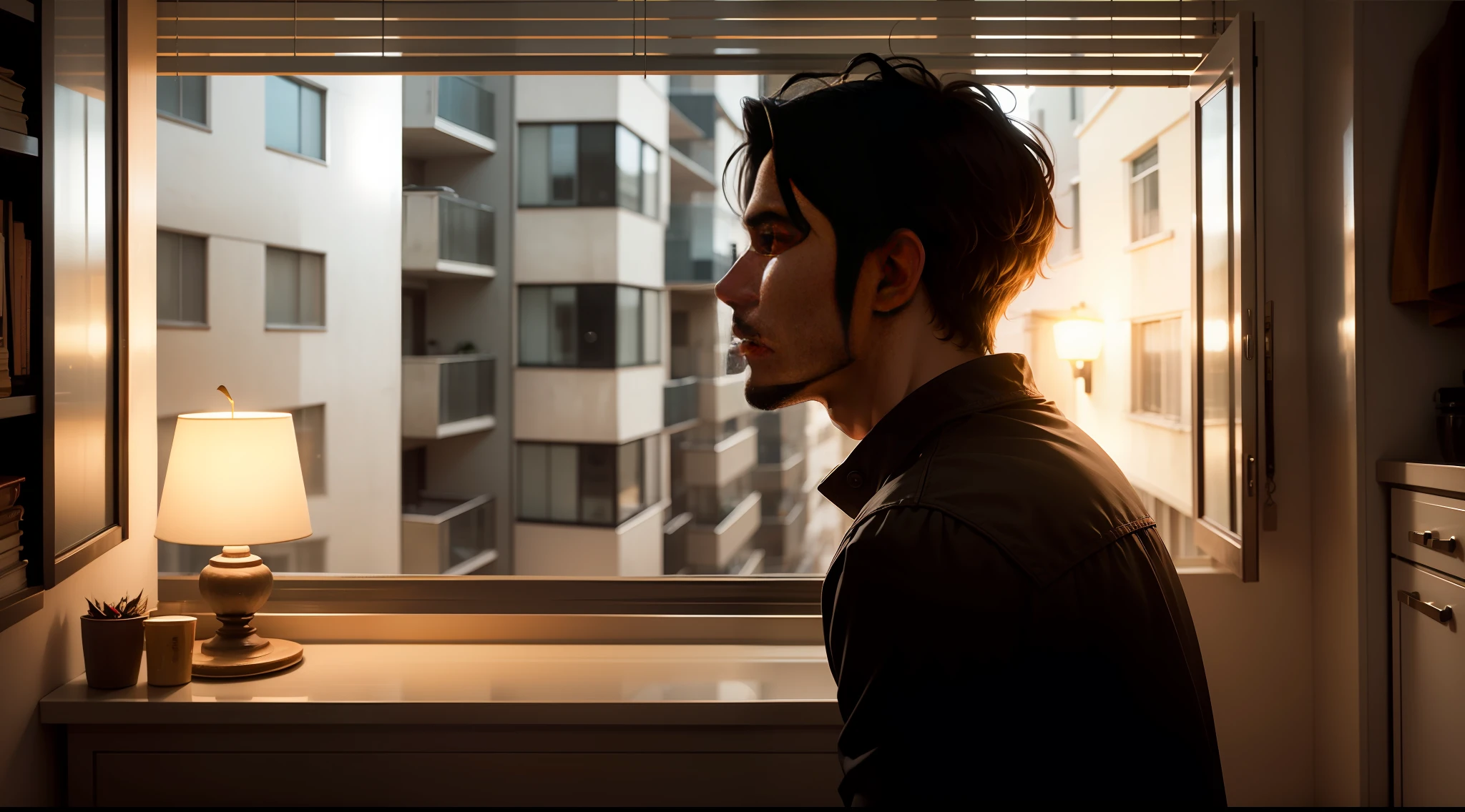 "A man looking out the window inside the apartment this night and outside
