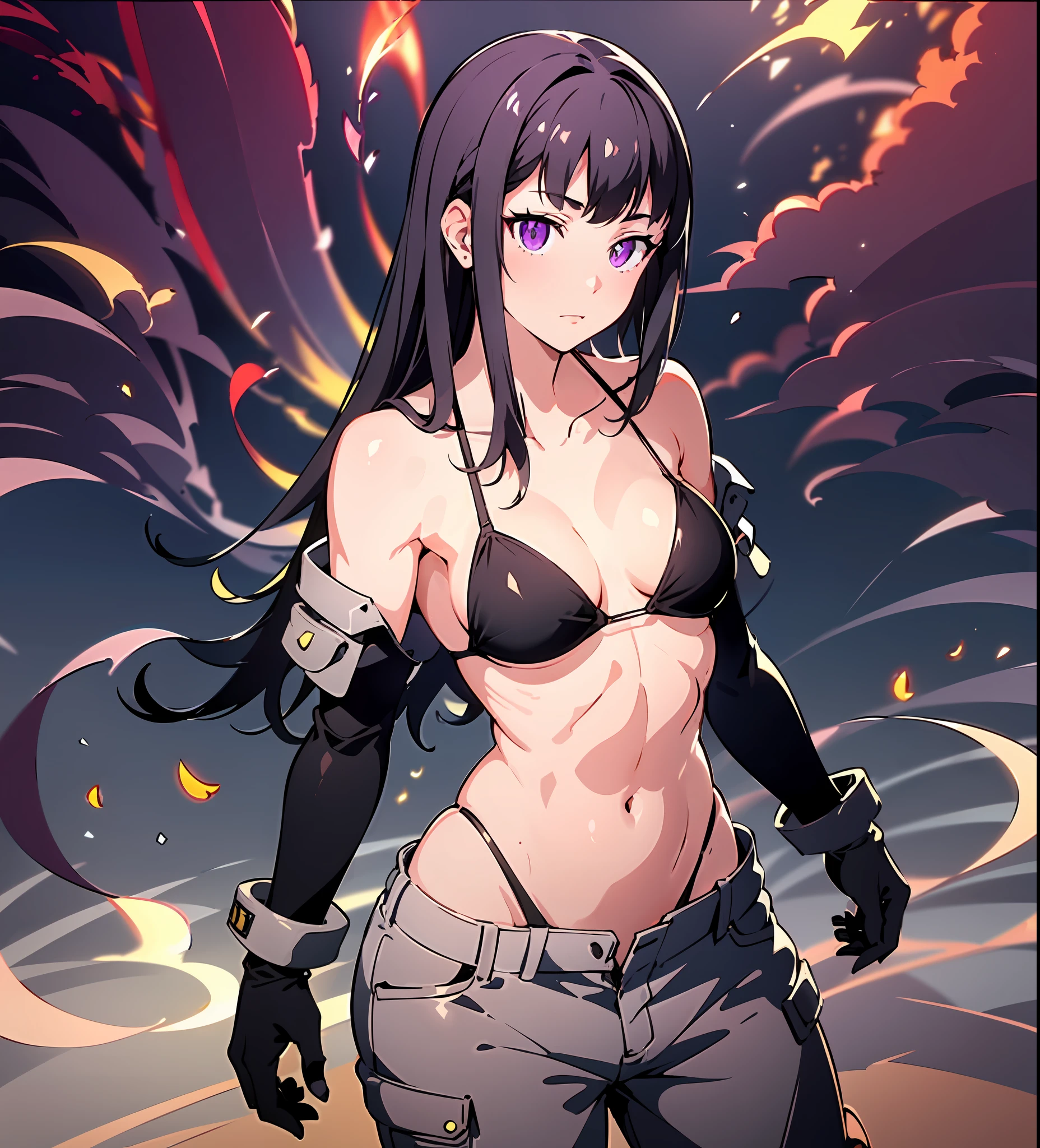 1girl, (solo:1.2), ((masterpiece)), (shadow), [slim], (small breasts), ((sharp focus)), pale skin, ((detailed eyes)), (blurry background), flame effect, (small bikini bra), oversized orange cargo pants, navel, gloves, (collarbone), dramatic pose, purple eyes