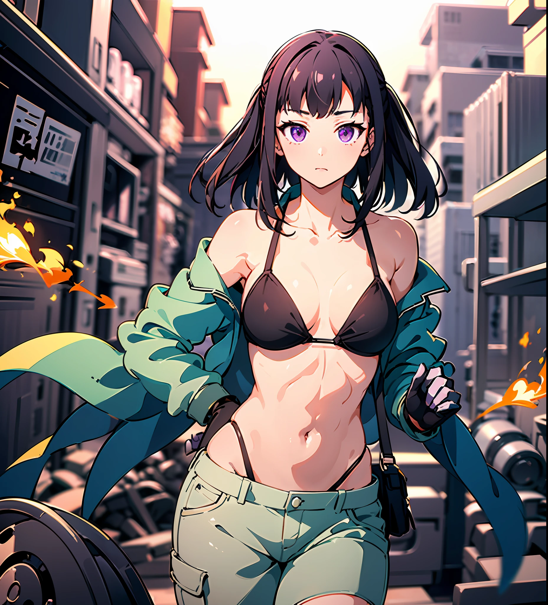 1girl, (solo:1.2), ((masterpiece)), (shadow), [slim], (small breasts), ((sharp focus)), pale skin, ((detailed eyes)), (blurry background), flame effect, (small bikini bra), oversized orange cargo pants, navel, gloves, (collarbone), dramatic pose, purple eyes