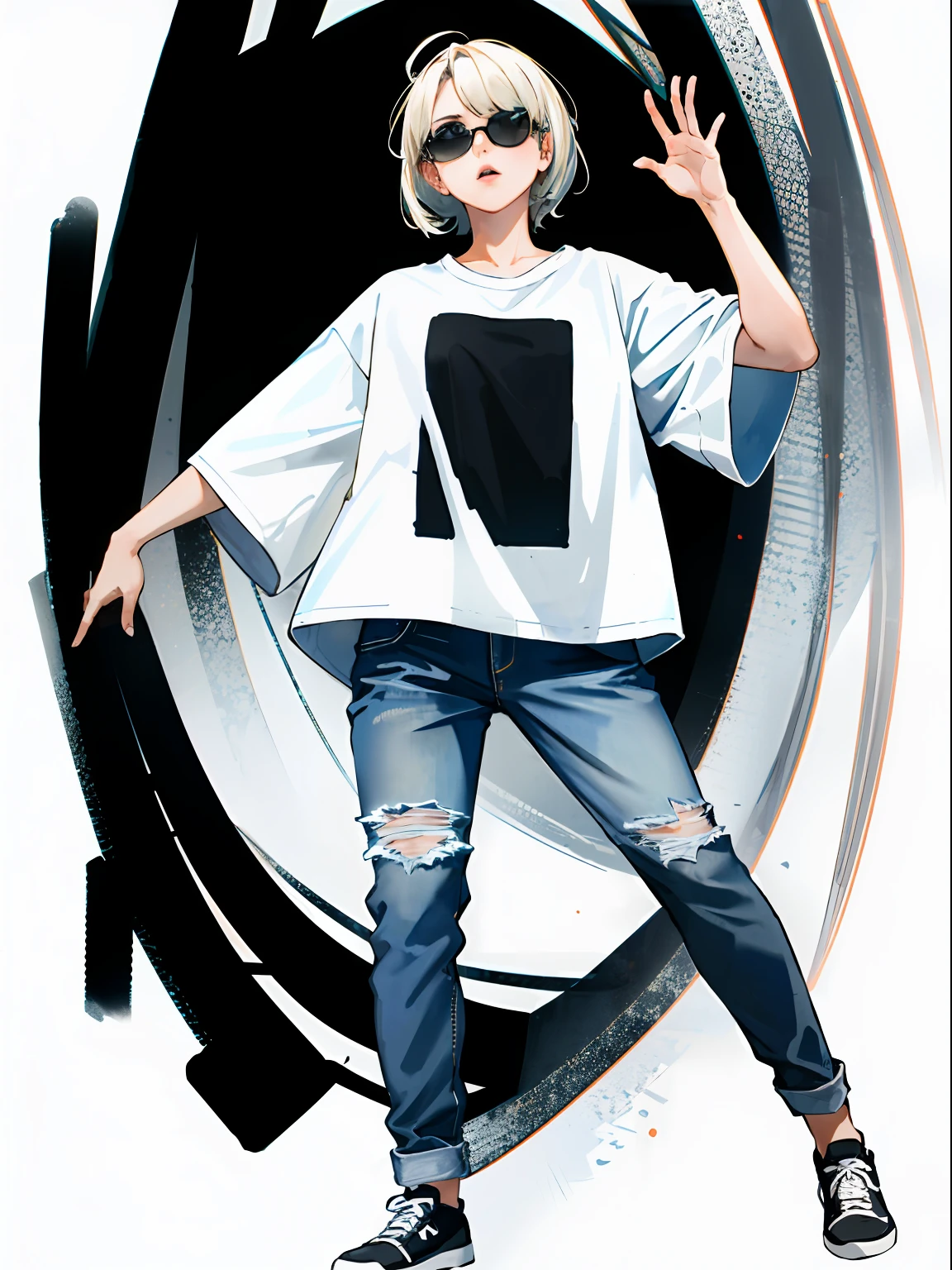 masterpiece, high quality, sharp focus, full body shot, 1lady, a black and white woman, platinum blonde hair, oversized tshirt, jeans pants, cold lighting, cool atmosphere, 8k, uhd, absurdres, white flat background