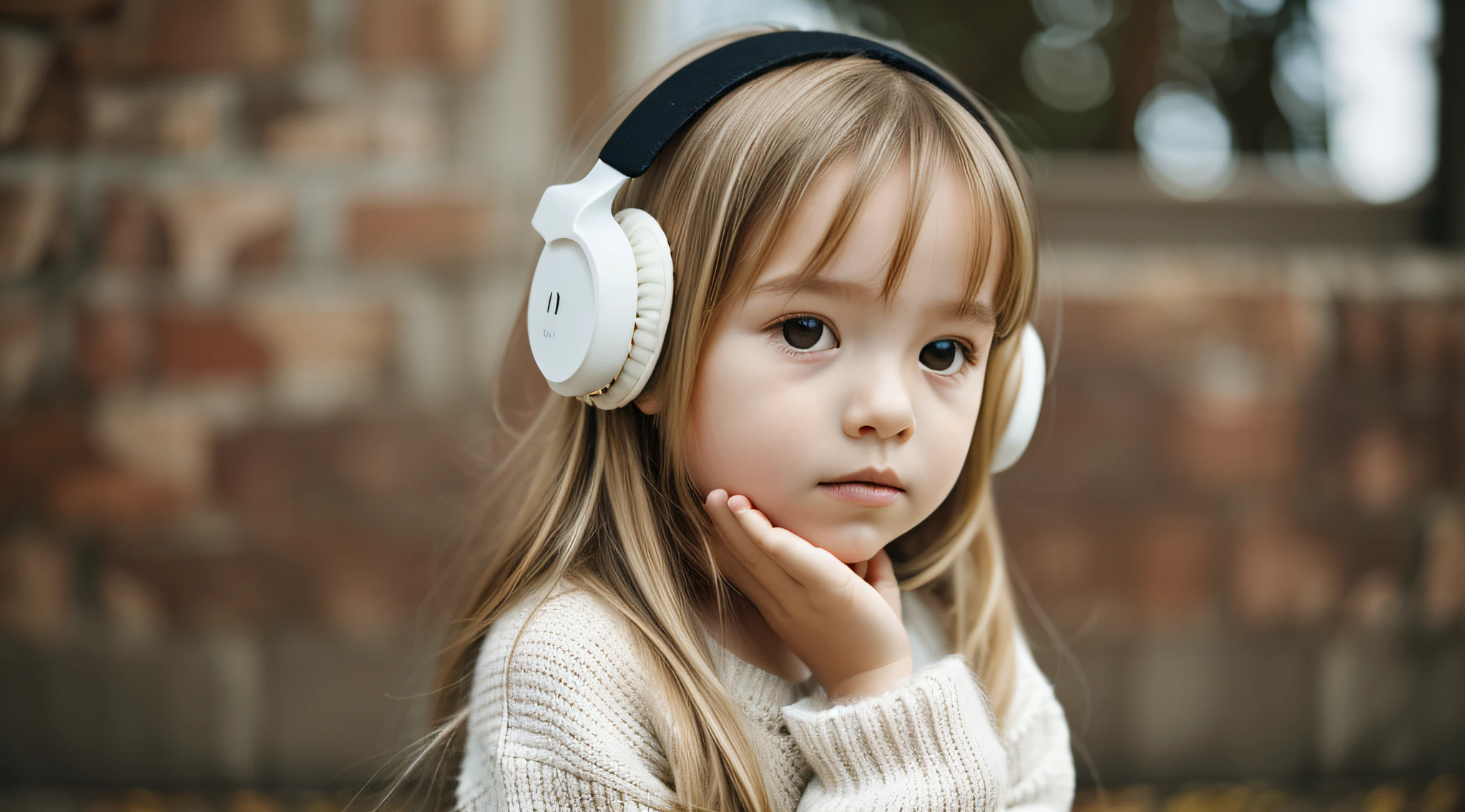 CHILD girl with long blonde hair wearing a white sweater and muffled black ears.