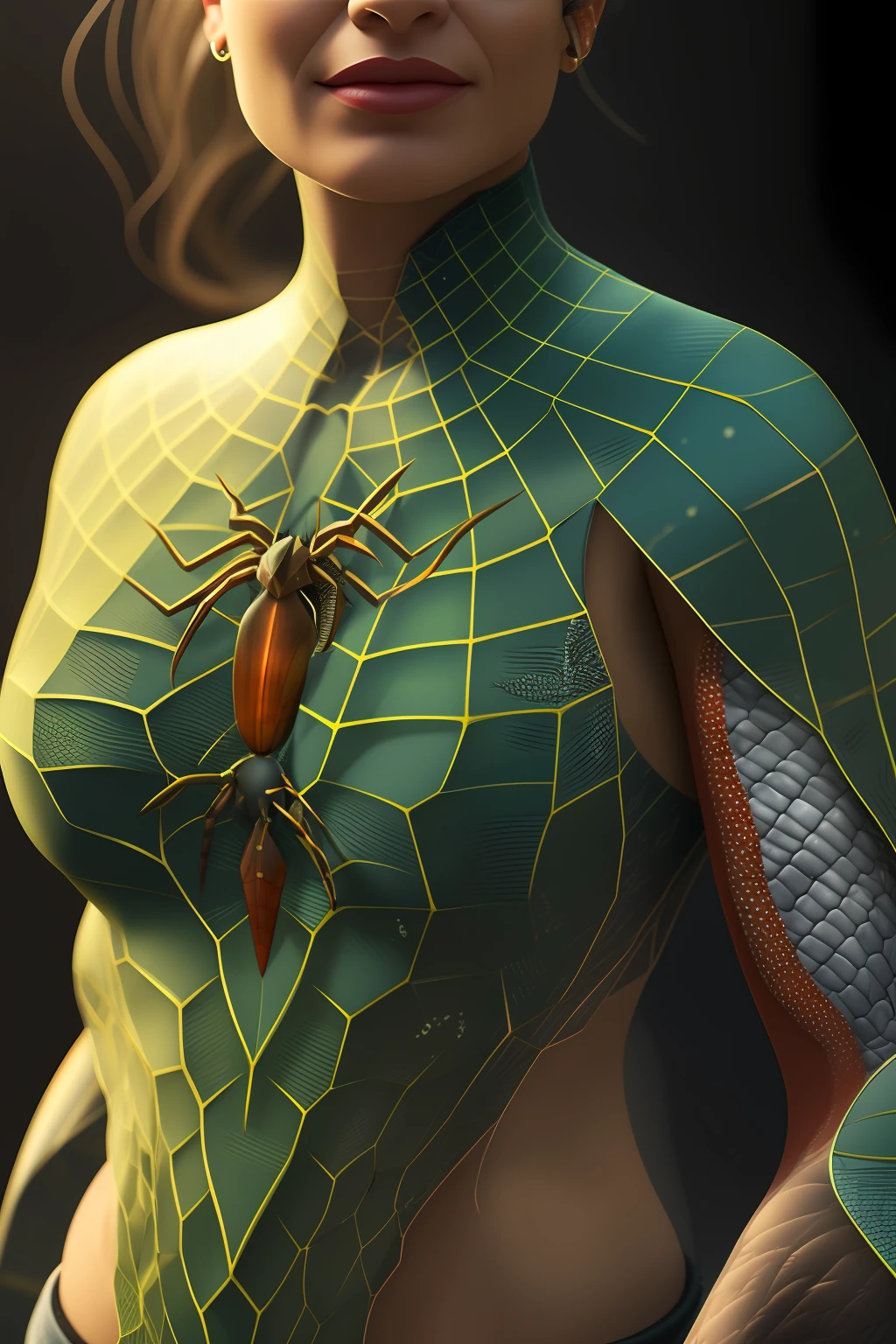 Woman with dragon scales, realistic, magical, professional details, sharp, extreme image quality, background a room with several spiders + 8k
