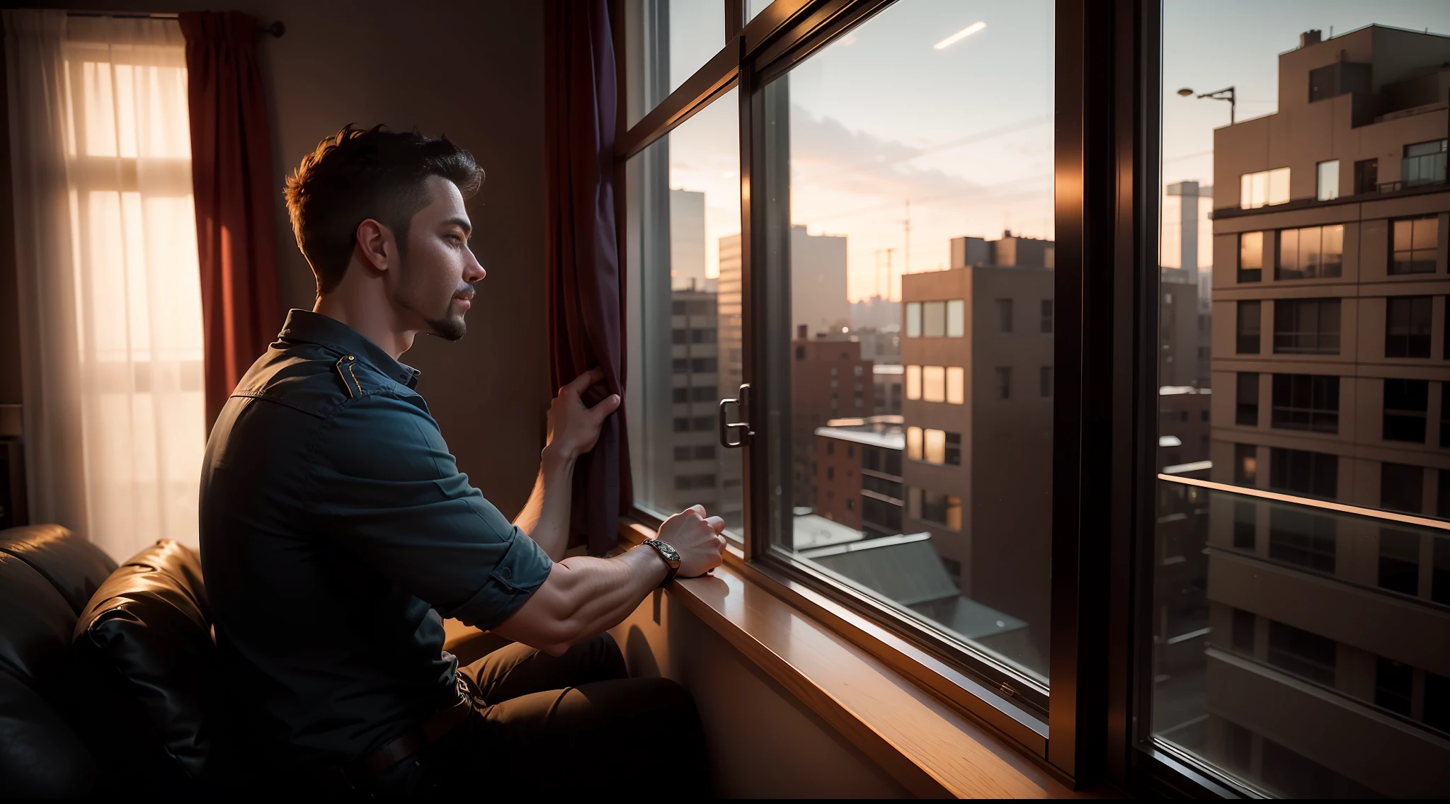 It's a dark night outside and a man is looking out the window of his apartment