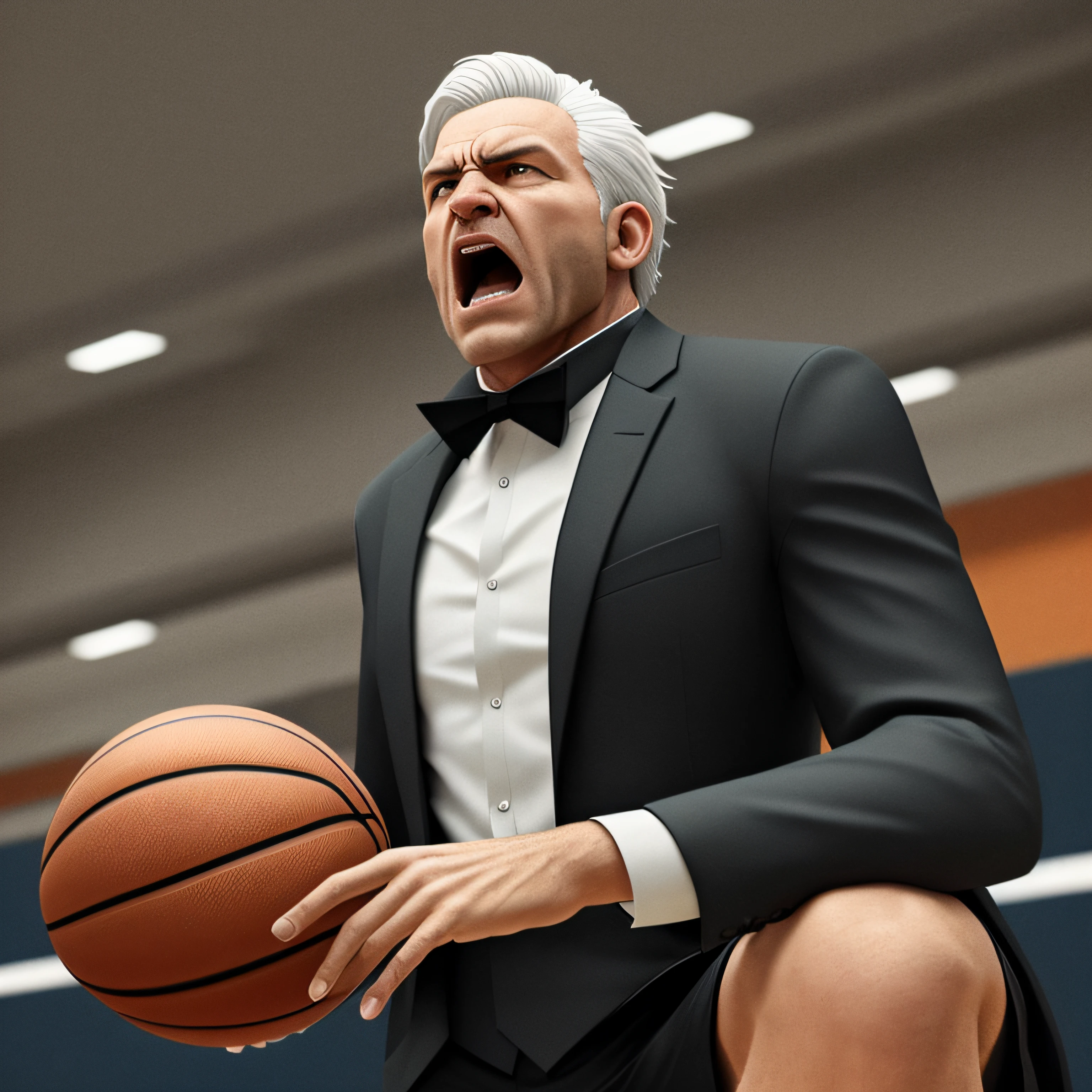 1 homem, estatura muito alta, basketball coach, angry at the court, screaming, white hair, green eyes, wearing black suit, (4k , photorealism, octane render) --auto
