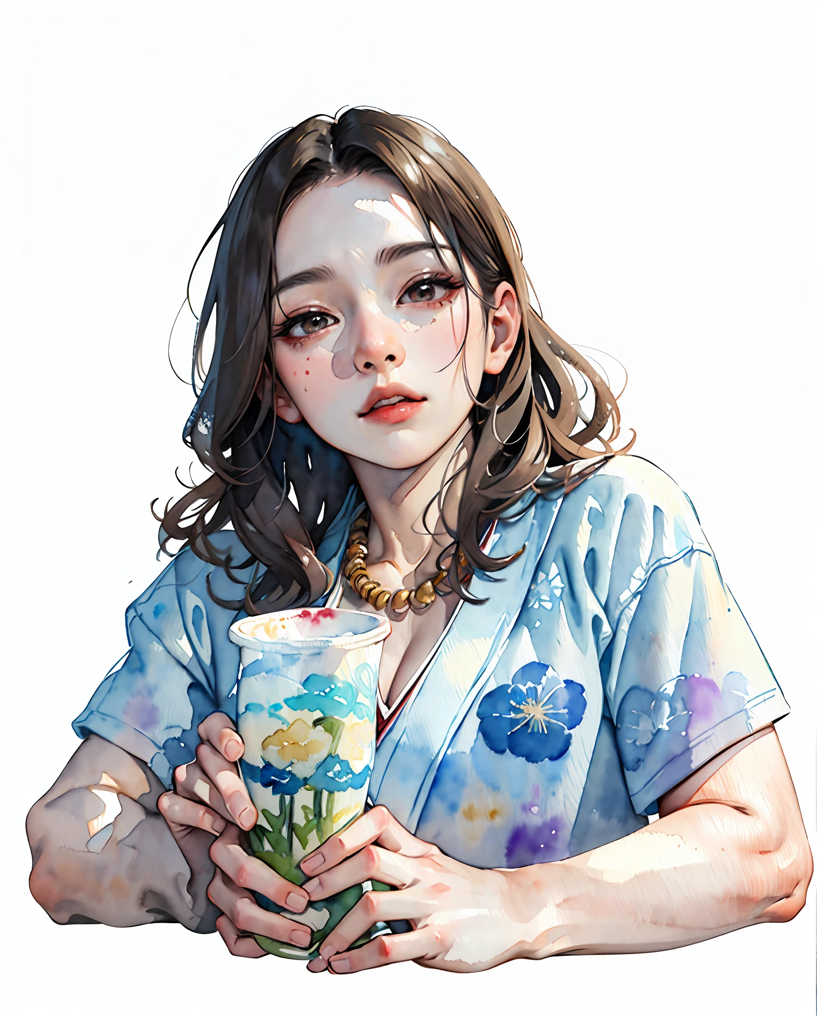 (masterpiece:1.2, best quality), (very detailed face, real picture, realistic skin, realistic body, intricate details), solo, 1milf, casual,ukiyo-e, (Watercolor:1.3), Oiran,