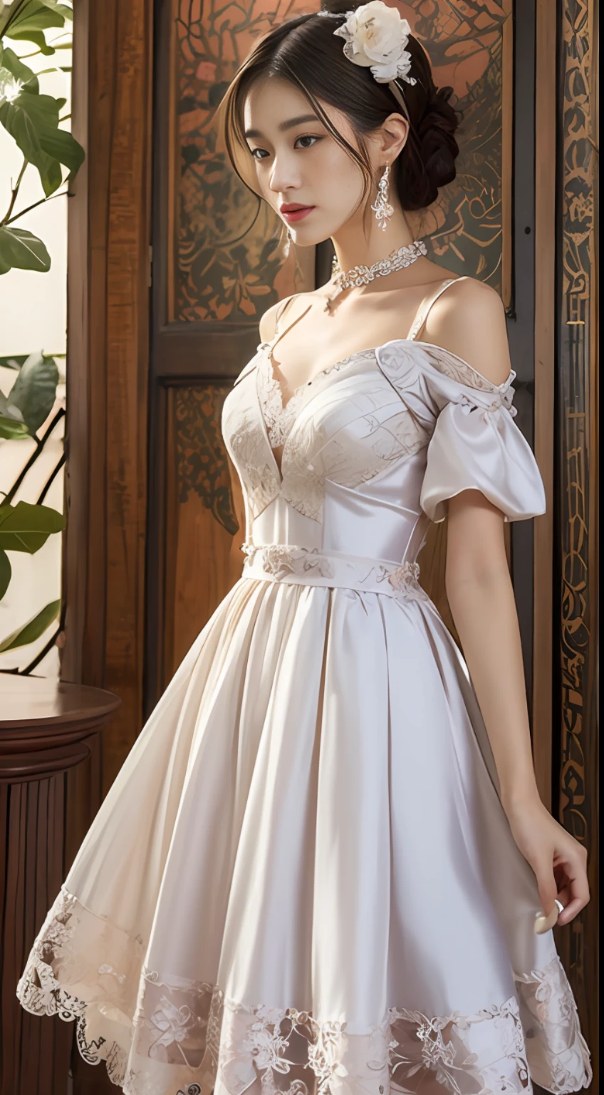 A dress with a chinoiserie style with lace elements at the neckline and cuffs of the dress with a traditional moire pattern, cut and details such as pleats, embroidery, beads, silk, crepe, knee-length or length, and a bow or flower decoration at the waist or neckline