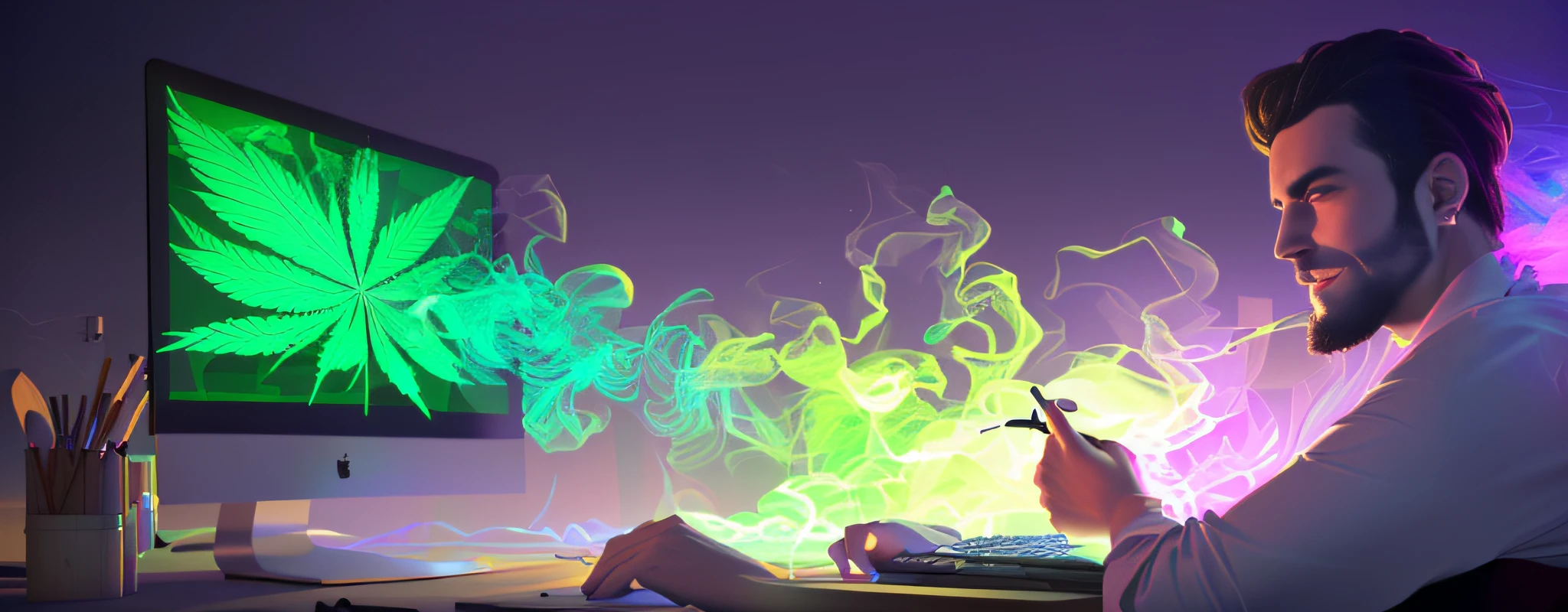 Man sitting at a desk with a computer and a marijuana leaf, neon smoke, muted neon smoke, Cyril Rolando and Goro Fujita, neon mist, background art, bright lights! digital painting, painting of paintings, digital painting. octane render, neon colored mist, illustrative wallpaper 4K HD, neon cloud splashes
