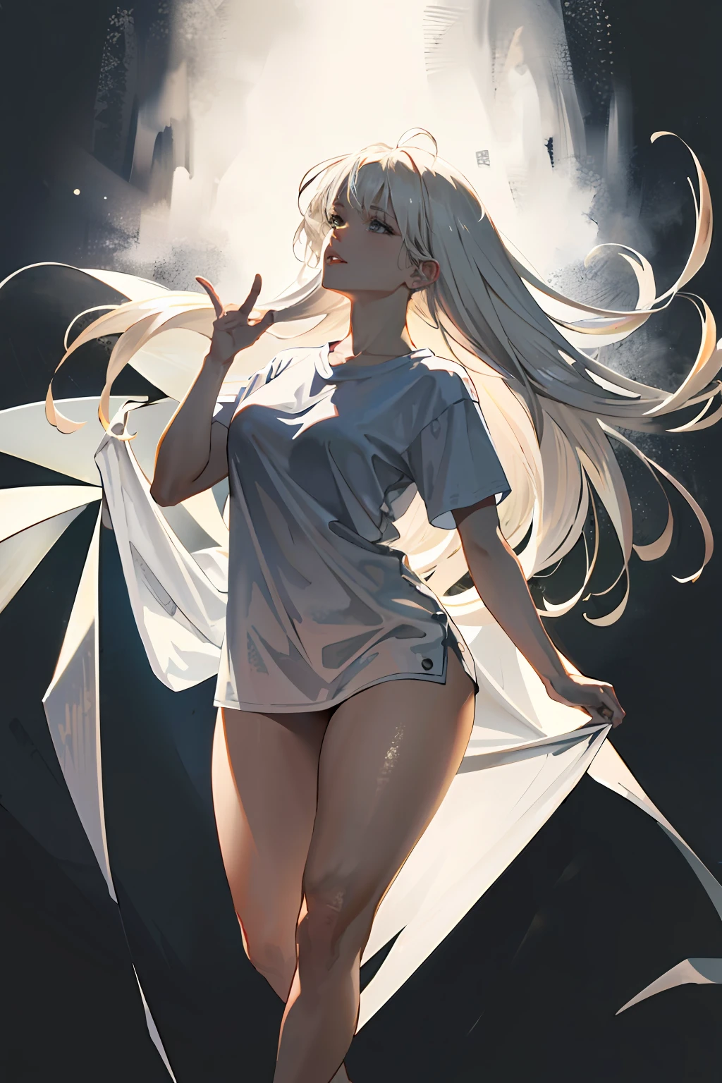 masterpiece, high quality, sharp focus, 1lady, a black and white full body woman, platinum blonde hair, oversized tshirt, perfect face, perfect jawline, textured skin, beautiful lips, upper-body shot, cold lighting, cool atmosphere, 8k, uhd, absurdres, white flat background