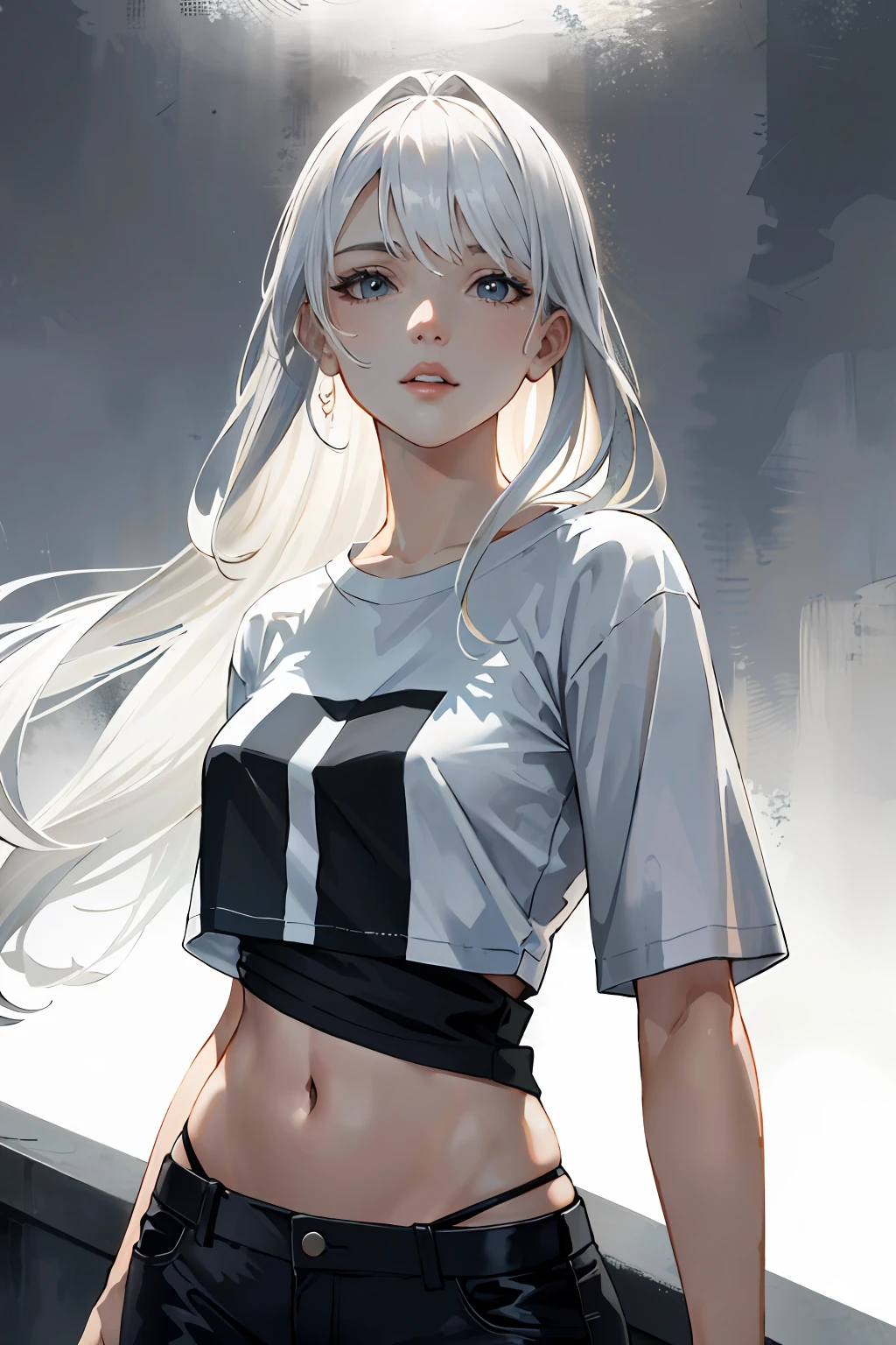 masterpiece, high quality, sharp focus, 1lady, a black and white full body woman, platinum blonde hair, oversized tshirt, perfect face, perfect jawline, textured skin, beautiful lips, upper-body shot, cold lighting, cool atmosphere, 8k, uhd, absurdres, white flat background