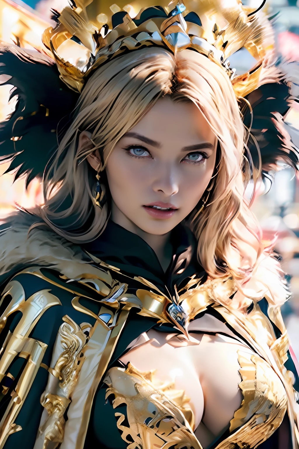 Ultra-detailed complex 3D rendering of the face, (masterpiece, top quality, octane rendering,), glamour shots, full body image, very beautiful young elves, cleavage, (highly detailed skin: 1.2), (exposure: 1.1), ((gold micro bikini studded with jewels: 1.95))))). 40k, (((very soft breasts)), (((noticeable large pink areola)), beautiful Caucasian woman with full soft breasts and dark skin with big buttocks, one, long braided hair, big breasts, dynamic angle, (((huge breasts: 2.4)), ultra-realistic photos, ((((blonde))), futuristic urban background, facial muscles, (((((detailed and glamorous gold crown)))), In the style of Marvel Comics, ArtStation Trends, Clear Focus, Intricate Detail, Very Detailed, Detailed Red Eyes, Very Detailed, Sharp Focus, Digital Rendering, Professional, Abs, Lip Gloss, Glossy Skin, (Glamorous Black Cape Lined with Fur: 1.95))))