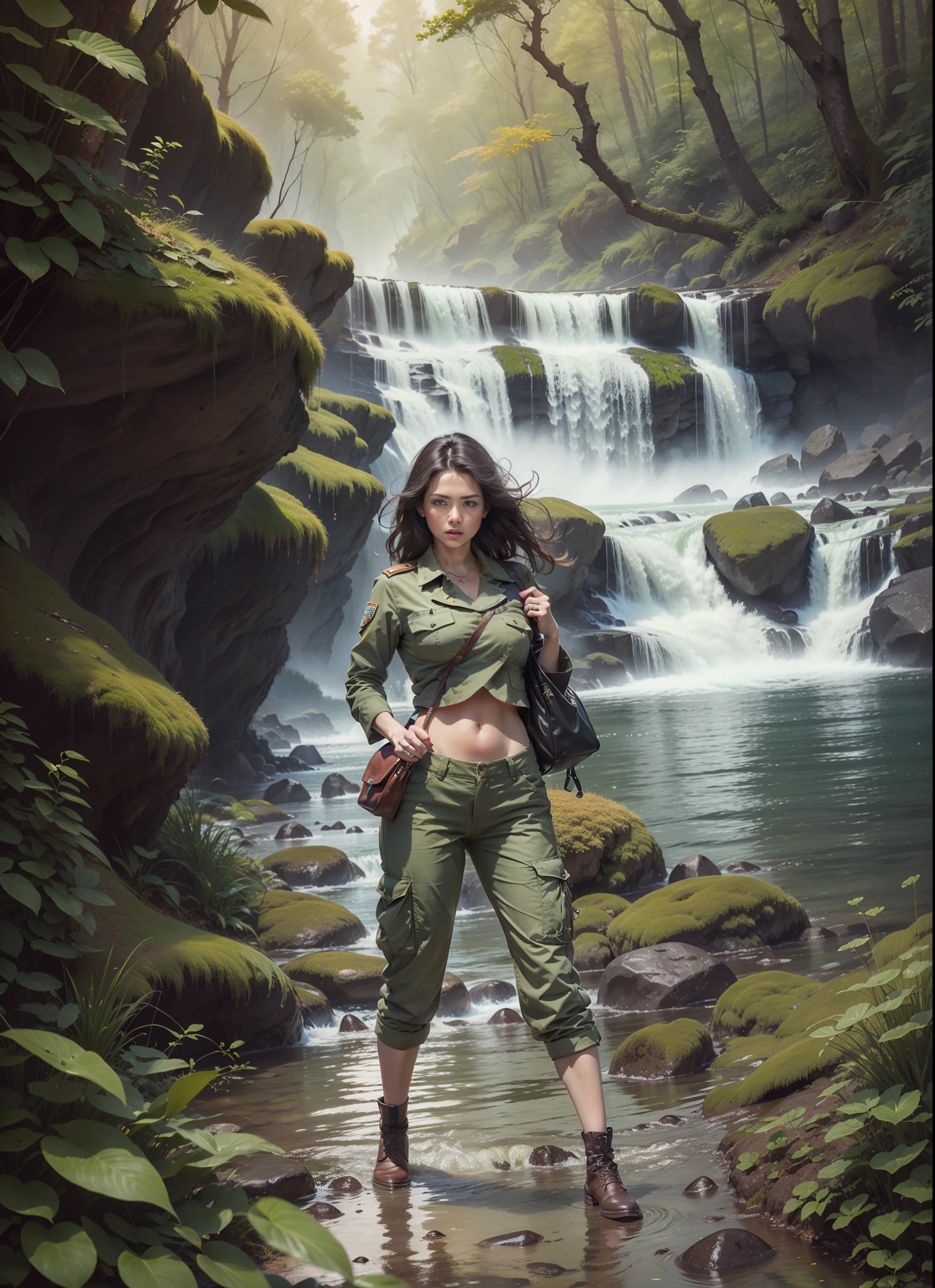 Movie poster, medium breasted woman, troop green pants, forest, just one body, waterfall, night