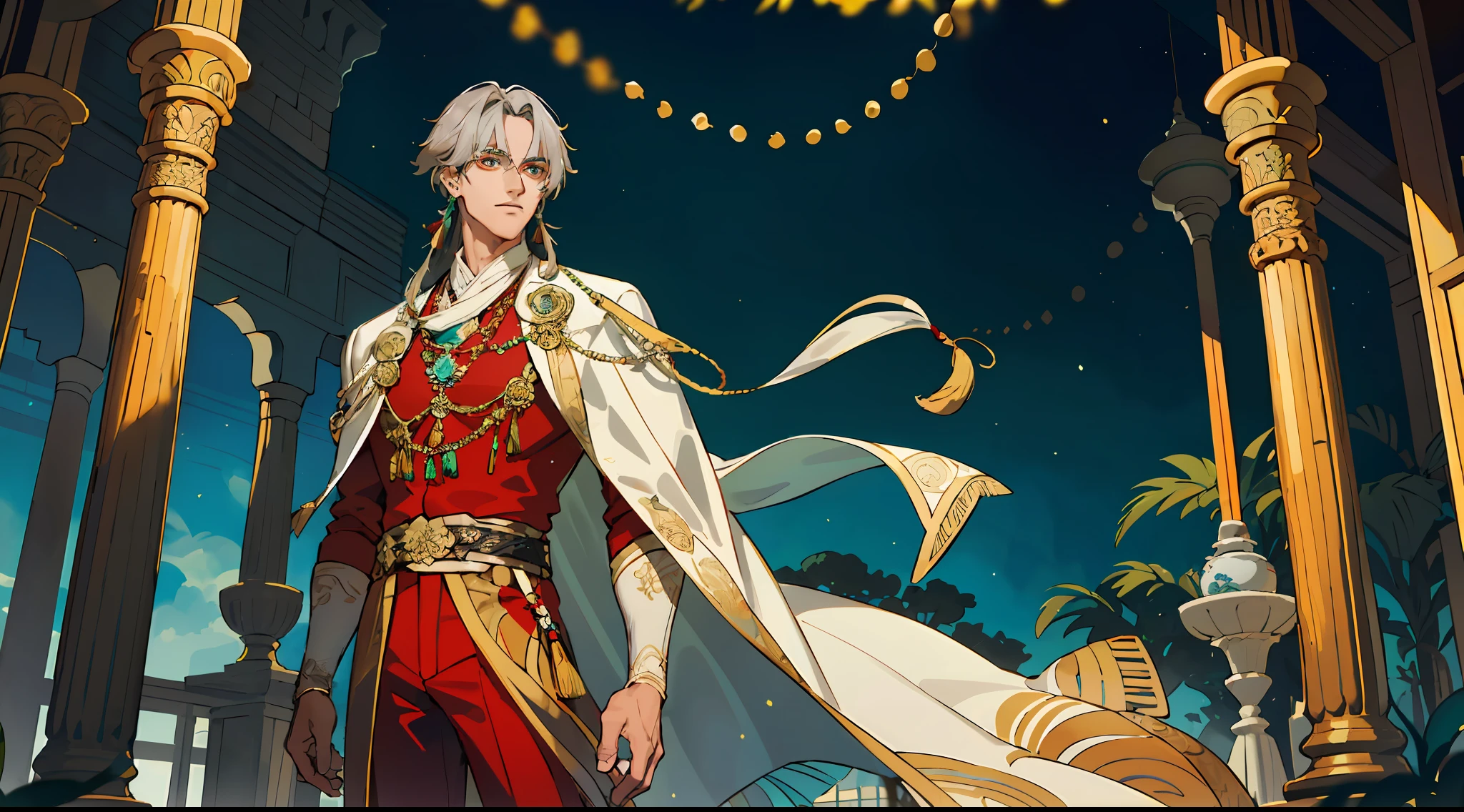 masterpiece, best quality, 2 male, adult, tall, handsome, finely detailed eyes, intricate details, solo, (1male, adult, handsome, broad shoulders, well kept gray hair with teal highlights underneath, tall, ancient indian sherwani outfit with jewels, green eyes with red diamonds inside, muscular, tassels on clothes, genshin impact alhaitham), (1male, adult, handsome, well kept long blonde hair with brown ends, red eyes, tall, ancient persian outfit with gold trimming and floral designs, tassels on clothes, genshin impact kaveh), looking away from viewer, depth of field, in a mystical oasis