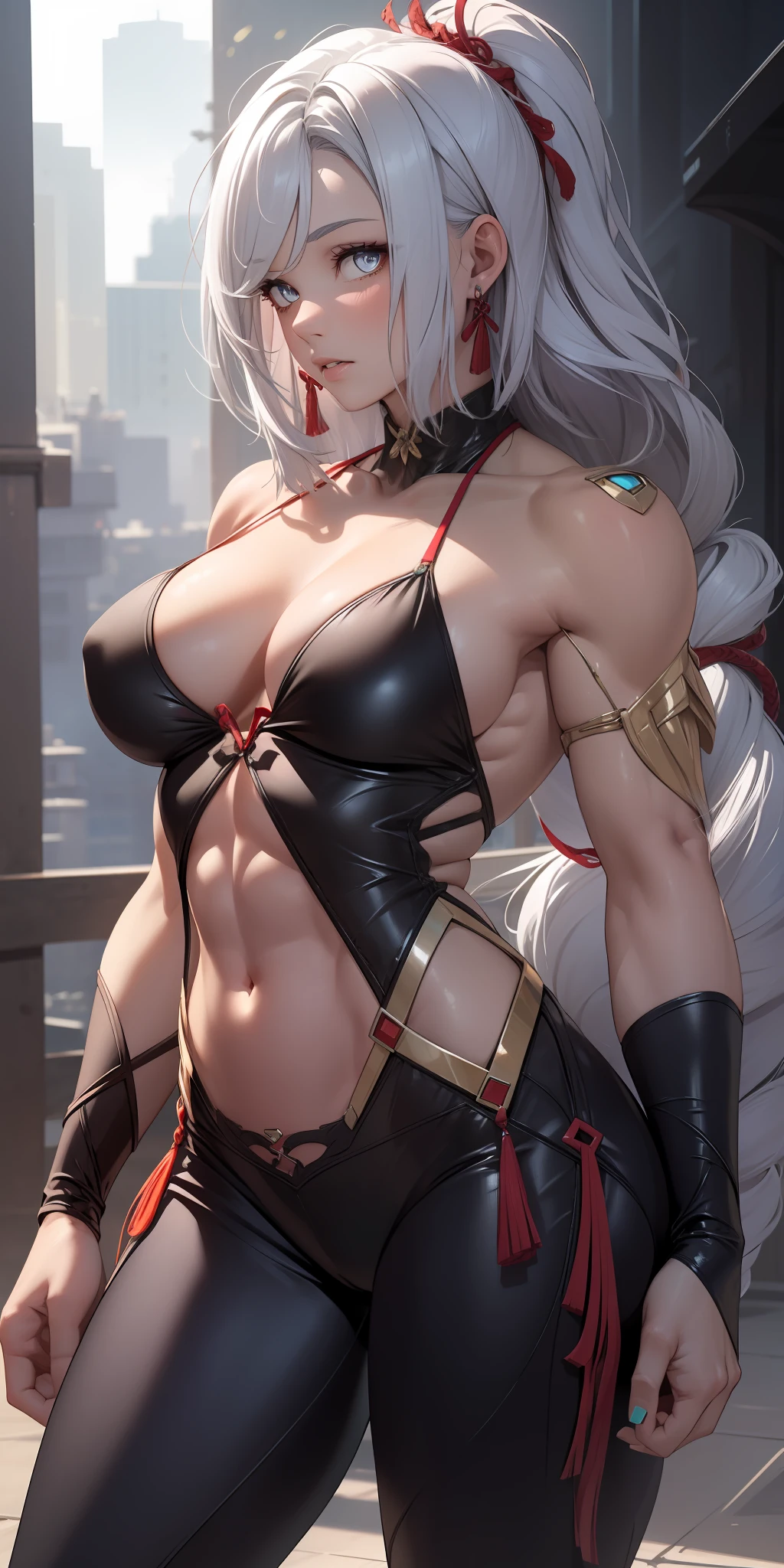 ((Best quality)), ((masterpiece)), 1girl, solo, (muscular), ripped muscles, slim fit build, sexy micro bikini top and black pants, highly detailed glowing eyes, long braided hair, smooth skin, medium breasts, ((extremely slutty)).