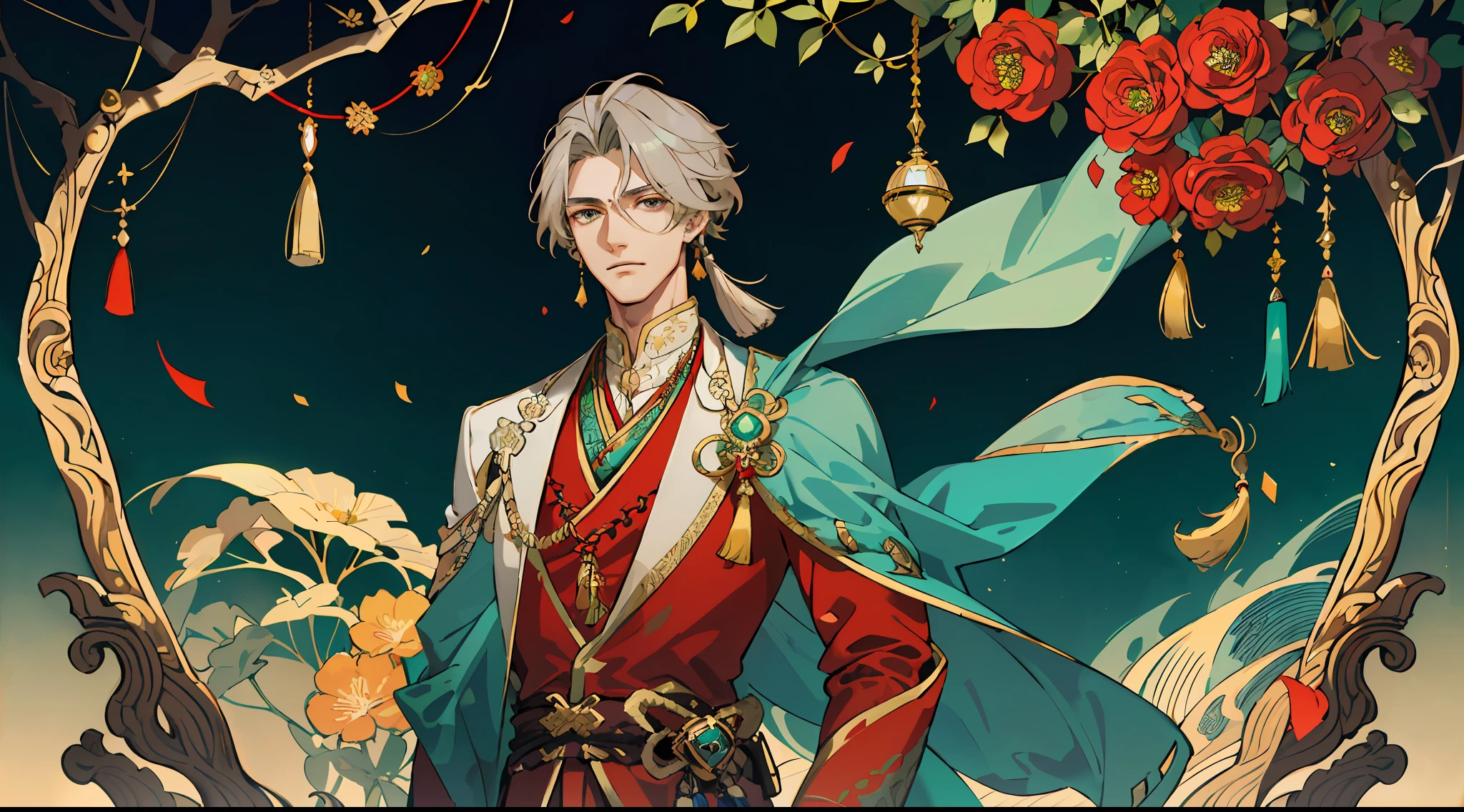 masterpiece, best quality, 2 male, adult, tall, handsome, finely detailed eyes, intricate details, solo, (1male, adult, handsome, broad shoulders, well kept gray hair with teal highlights underneath, tall, ancient indian sherwani outfit with jewels, green eyes with red diamonds inside, muscular, tassels on clothes, genshin impact alhaitham), (1male, adult, handsome, well kept long blonde hair with brown ends, red eyes, tall, ancient persian outfit with gold trimming and floral designs, tassels on clothes, genshin impact kaveh), looking away from viewer, depth of field, in a mystical oasis