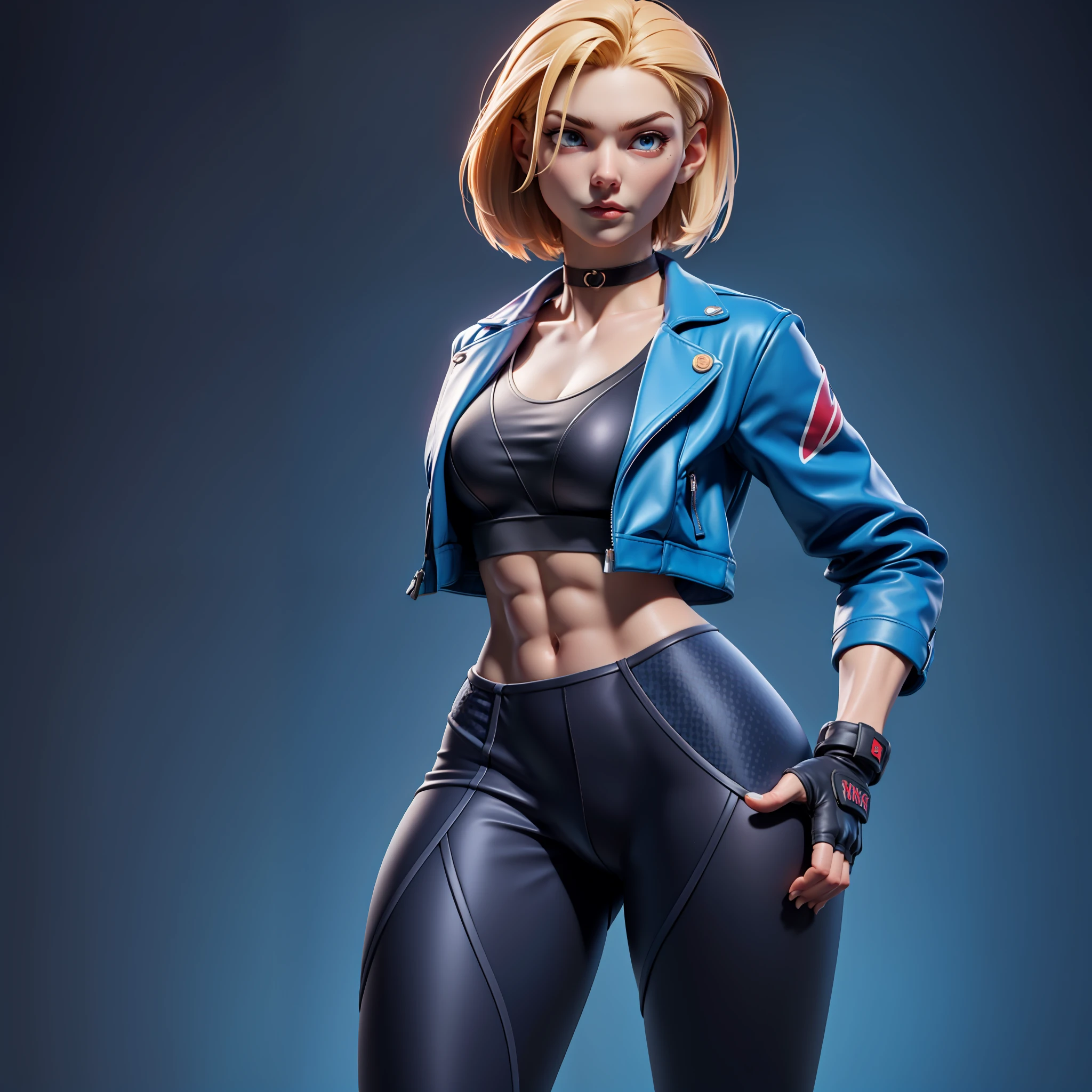 Whale Tail,cammyms, sf6, gloves, navel, cleavage, jacket, choker, midriff, pants, fingerless gloves, crop top, scar, black pants, abs, blue jacket, cropped jacket, sports bra,short hair