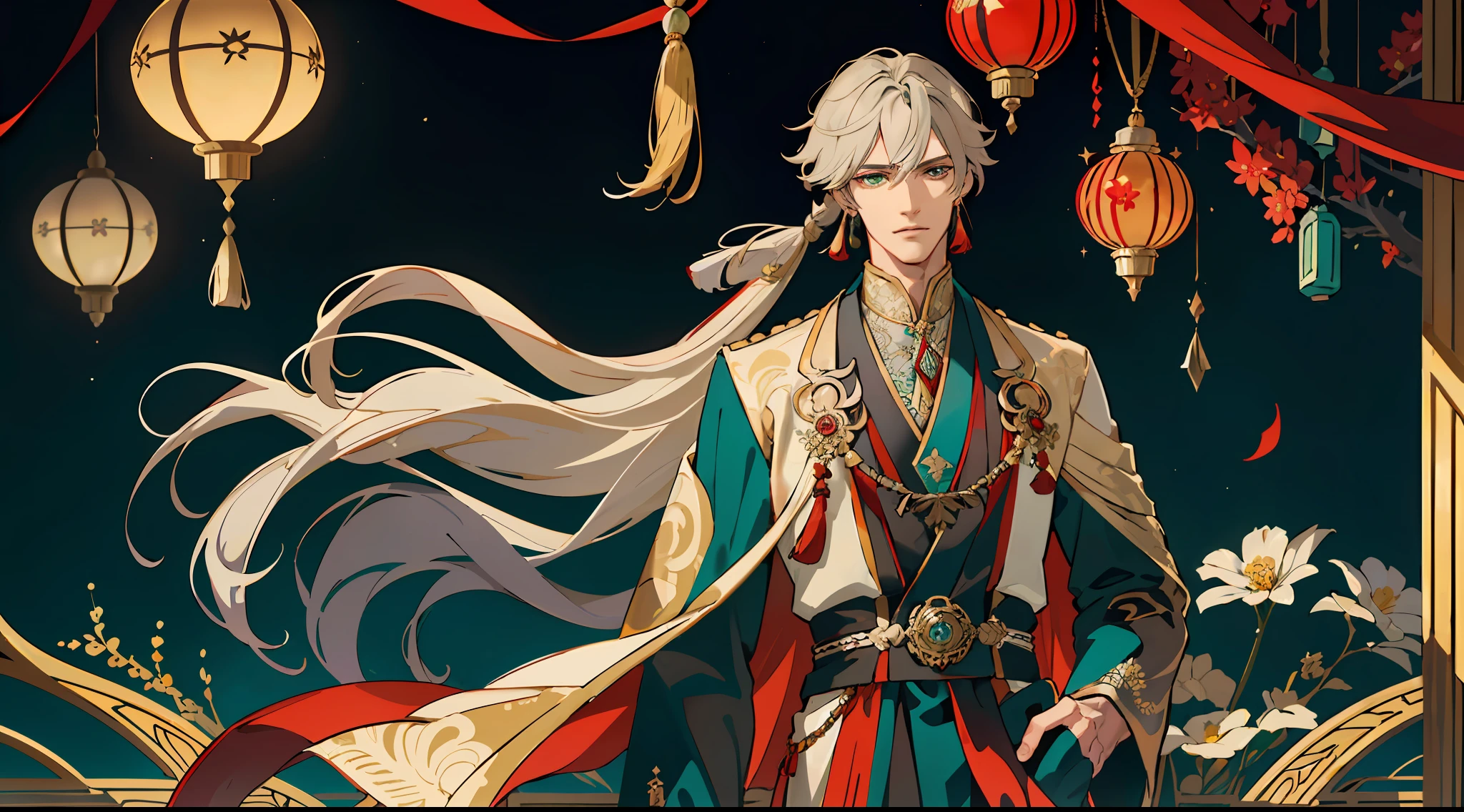 masterpiece, best quality, 2 male, adult, tall, handsome, finely detailed eyes, intricate details, solo, (1male, adult, handsome, broad shoulders, well kept gray hair with teal highlights underneath, tall, ancient indian sherwani outfit with jewels, green eyes with red diamonds inside, muscular, tassels on clothes, genshin impact alhaitham), (1male, adult, handsome, well kept long blonde hair with brown ends, red eyes, tall, ancient persian outfit with gold trimming and floral designs, tassels on clothes, genshin impact kaveh), looking away from viewer, depth of field, in a mystical oasis
