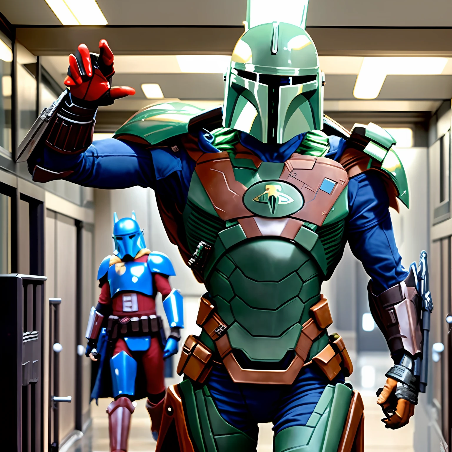 Batman and the Bobble Man are walking down a hallway, Arcane Wizard x Boba Fett, Boba Fett, Boba Fett Movie, BLACK AND BLUE Mandalorian Armor, by Jason Felix, Mandalorian, Dressed in Science Fiction Military Armor, Hero, Warrior in Science Fiction Armor, from The Mandalorian (2019), NO HORNS, .
