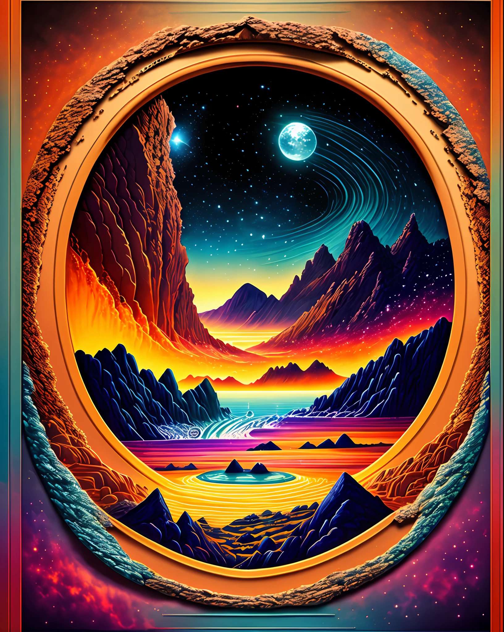 A CD cover of a rock band containing a beautiful land full of water and lava, intricate, masterpiece, expert, insanely detailed, 4k, composition, framing, centered, symmetry, painted, intricate, volumetric lighting, beautiful, rich masterpiece of deep colors, sharp focus, ultra detailed, in the style of dan mumford and marc simonetti, astrophotography