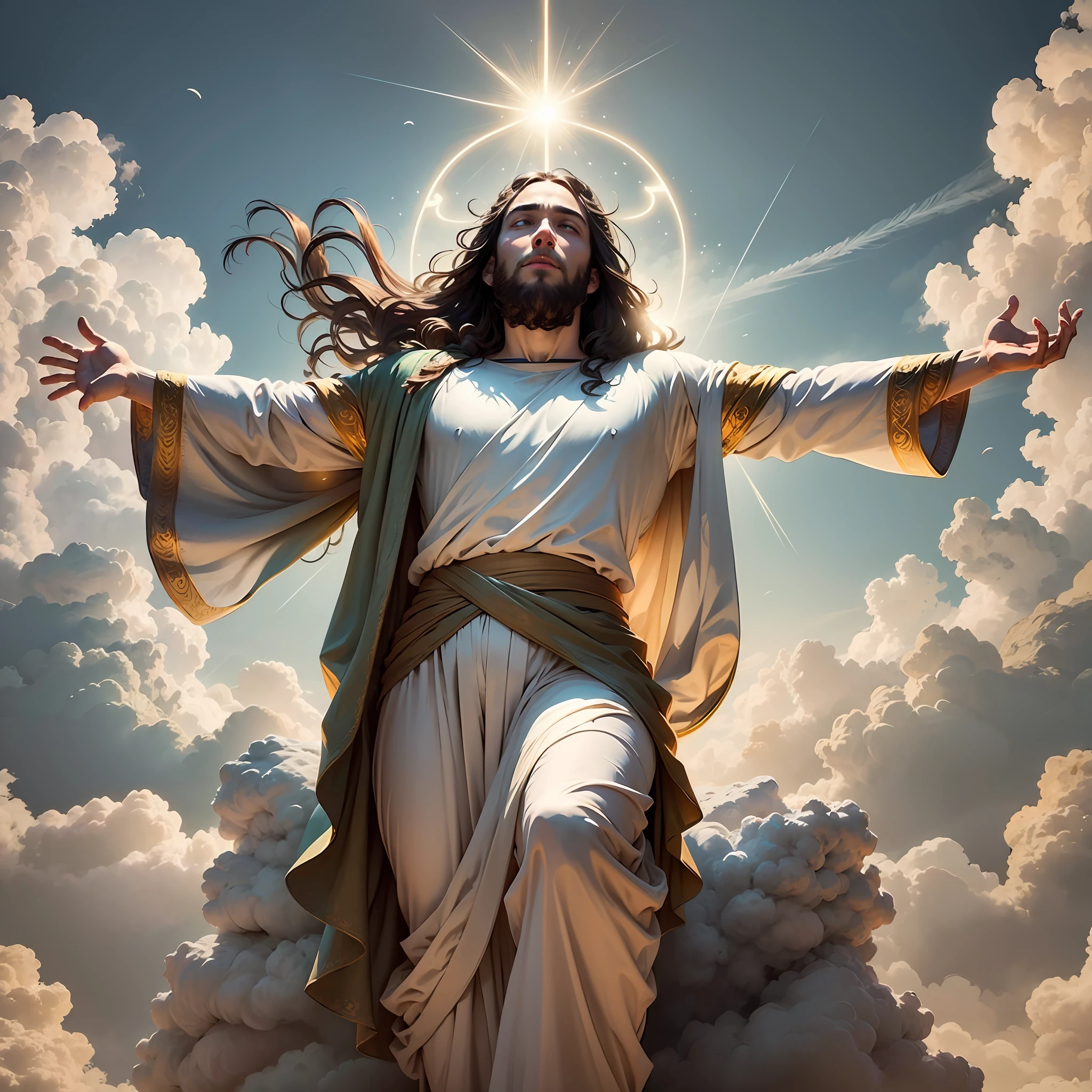 Jesus floating in the air on top of clouds with a light shining brightly on his face comes to save the world --auto --s2