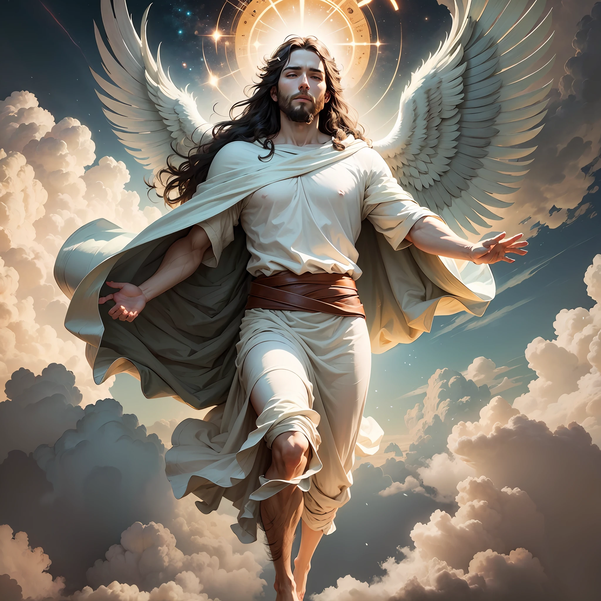 Jesus floating in the air on top of clouds with a light shining brightly on his face comes to save the world --auto --s2