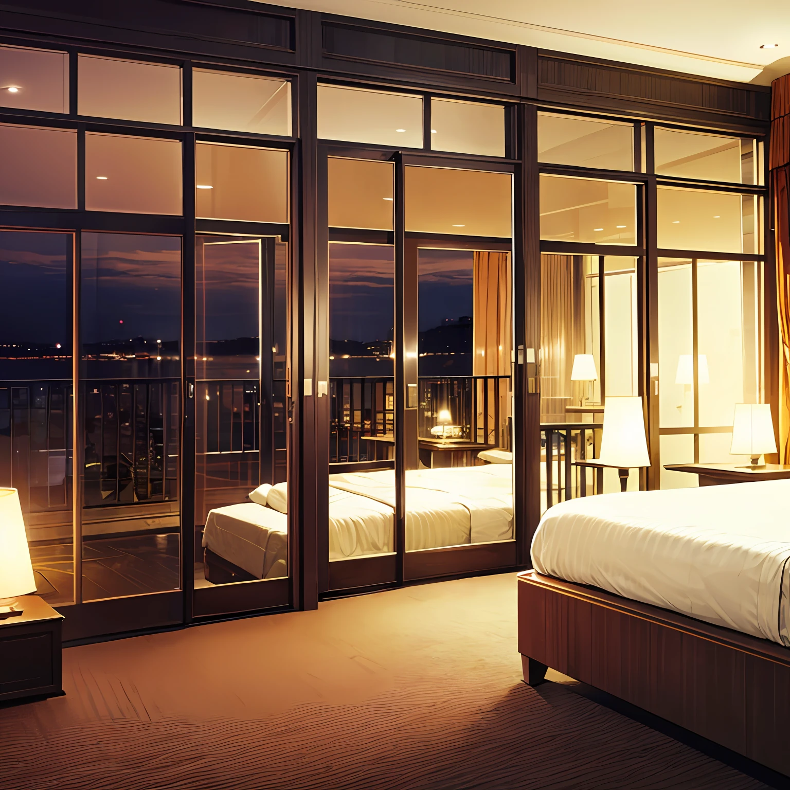hotel room, next to the window at night. side view. --auto